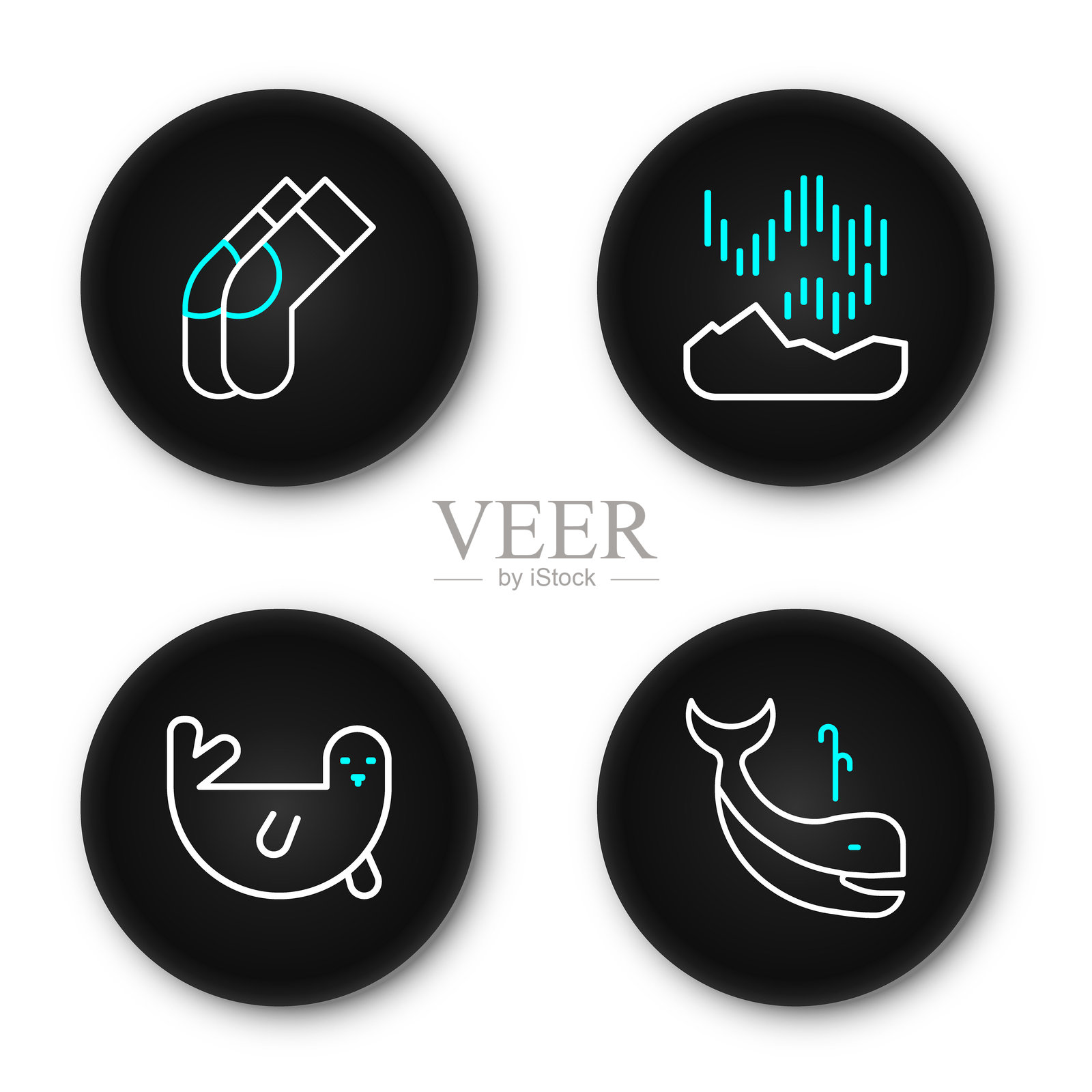 鲸鱼、海豹、北极光和袜子图标。矢量图。插画图片素材