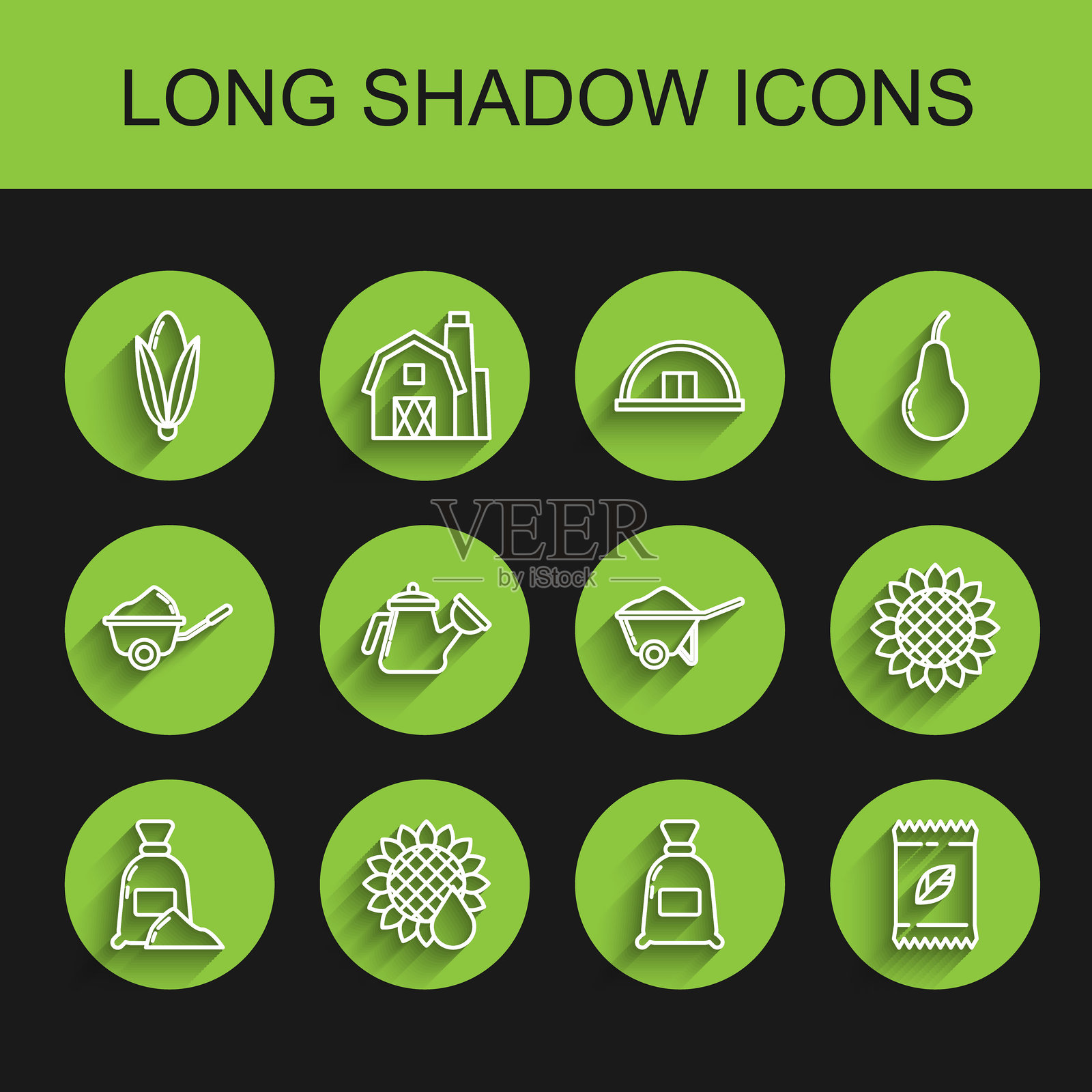 装有面粉的袋子，向日葵，玉米，一包特定植物的种子，浇水壶，带土的手推车图标。矢量图。插画图片素材