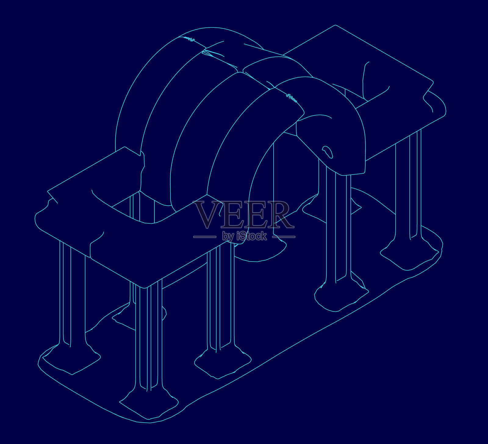 蓝色背景上有一幅拱形桥的线条画，桥柱对称且顶部弯曲。干净的轮廓设计呈现出一种简约而引人注目的建筑插图。插画图片素材