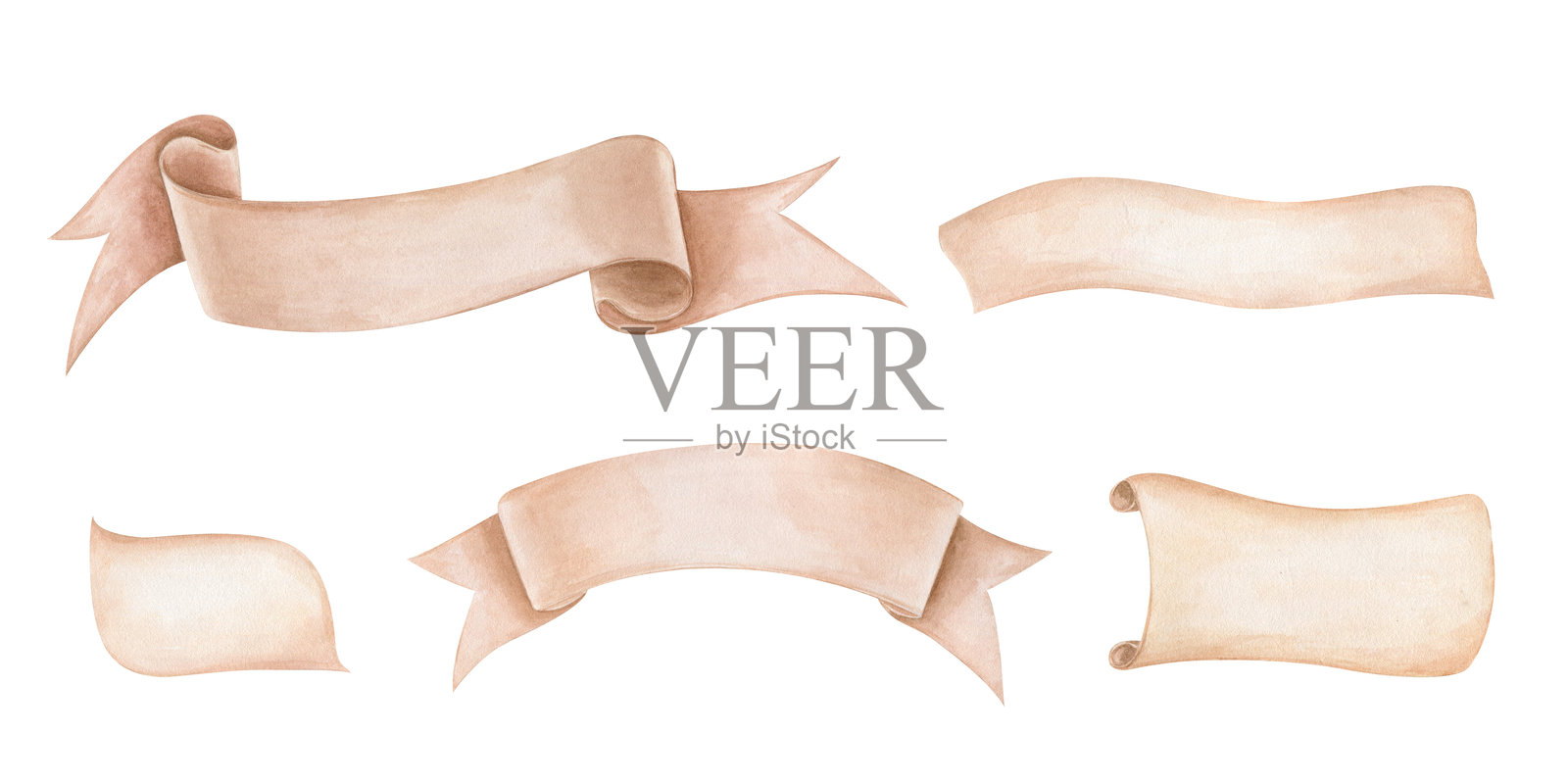 水彩装饰丝带和横幅的套装，用于文本放置。手绘装饰模板，适用于邀请函、贺卡、社交媒体帖子和包装设计的独立插图。插画图片素材