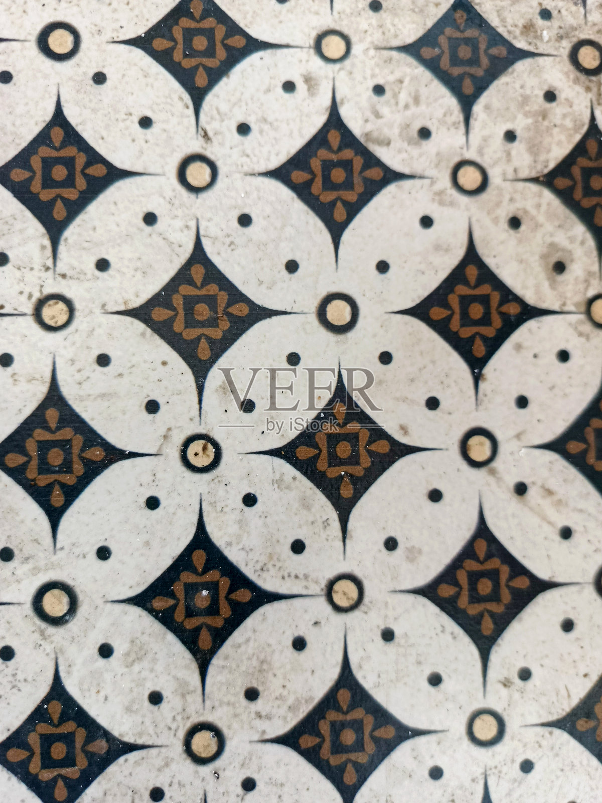 复杂的几何瓷砖图案：抽象对称的花卉形状，采用中性色调，创造出独特的装饰背景，具有复古风格，适合设计应用和纹理叠加。照片摄影图片