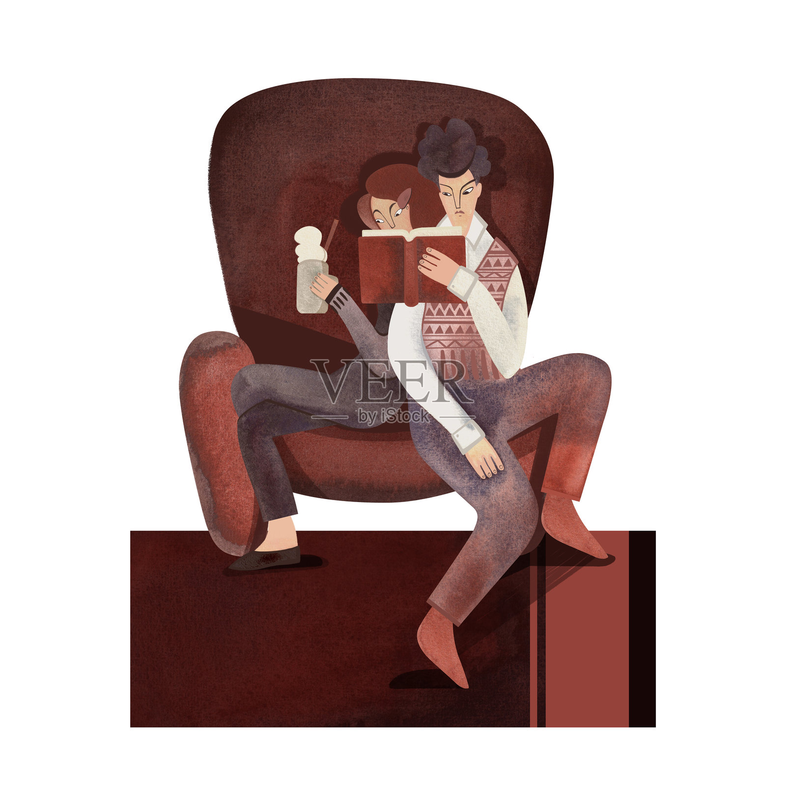 热爱阅读。年轻情侣穿着复古服装坐在棕色破旧椅子上阅读。男孩和女孩。1960年代风格。大学生与书籍。宁静与专注。角色相拥。爱与舒适。孤立的水彩插图。插画图片素材