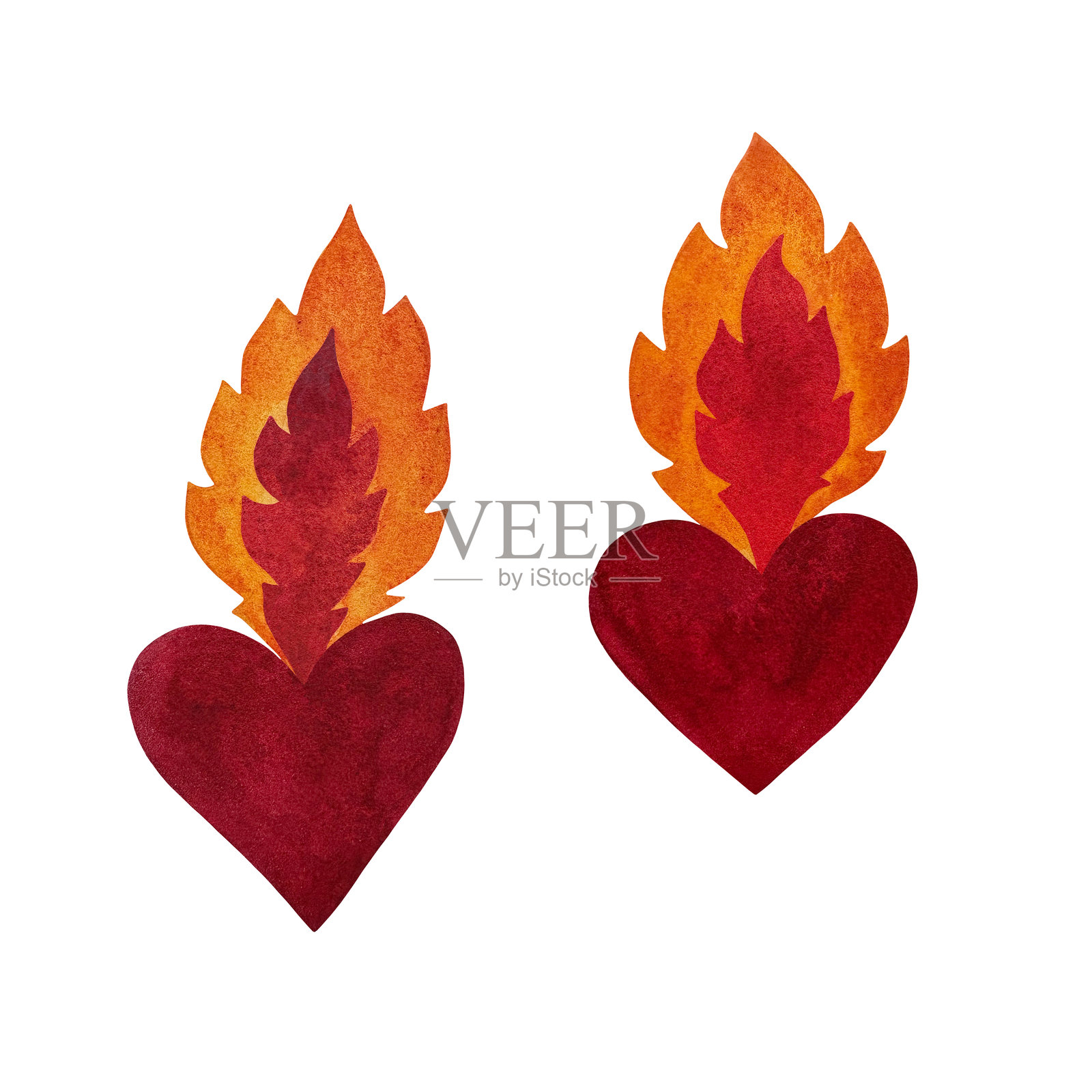 白色背景上的红色燃烧心形水彩插图。充满激情与强烈，完美适用于爱情主题设计、情人节项目或强烈情感表达。手绘，带有火热的触感。理想用于增添温暖气息。插画图片素材