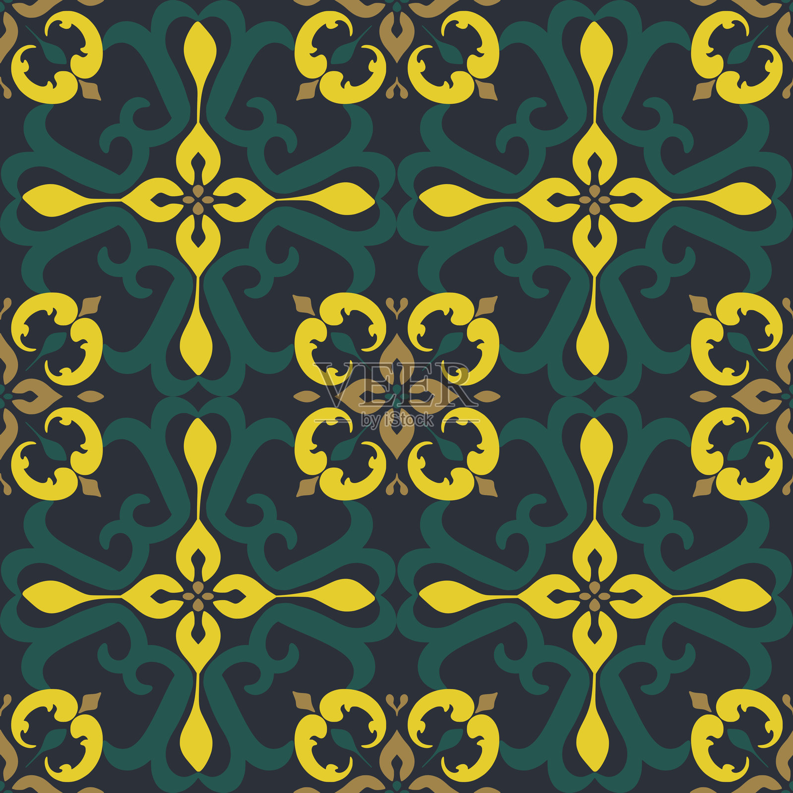 色彩斑斓的绿色民族花卉图案插画图片素材