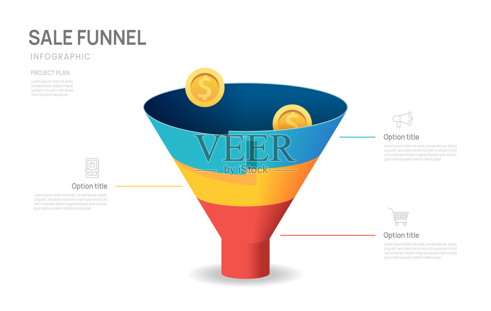 商业销售漏斗信息图表模板。现代三步漏斗时间线，演示矢量信息图。插画图片素材