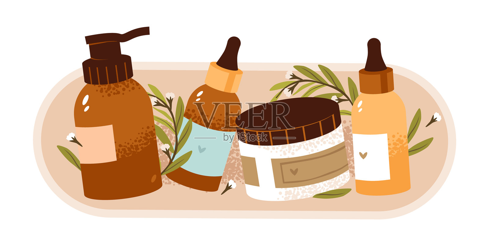 化妆品和护肤品。面部护理的乳霜和精华。美容美容学概念。平面矢量插图集。插画图片素材