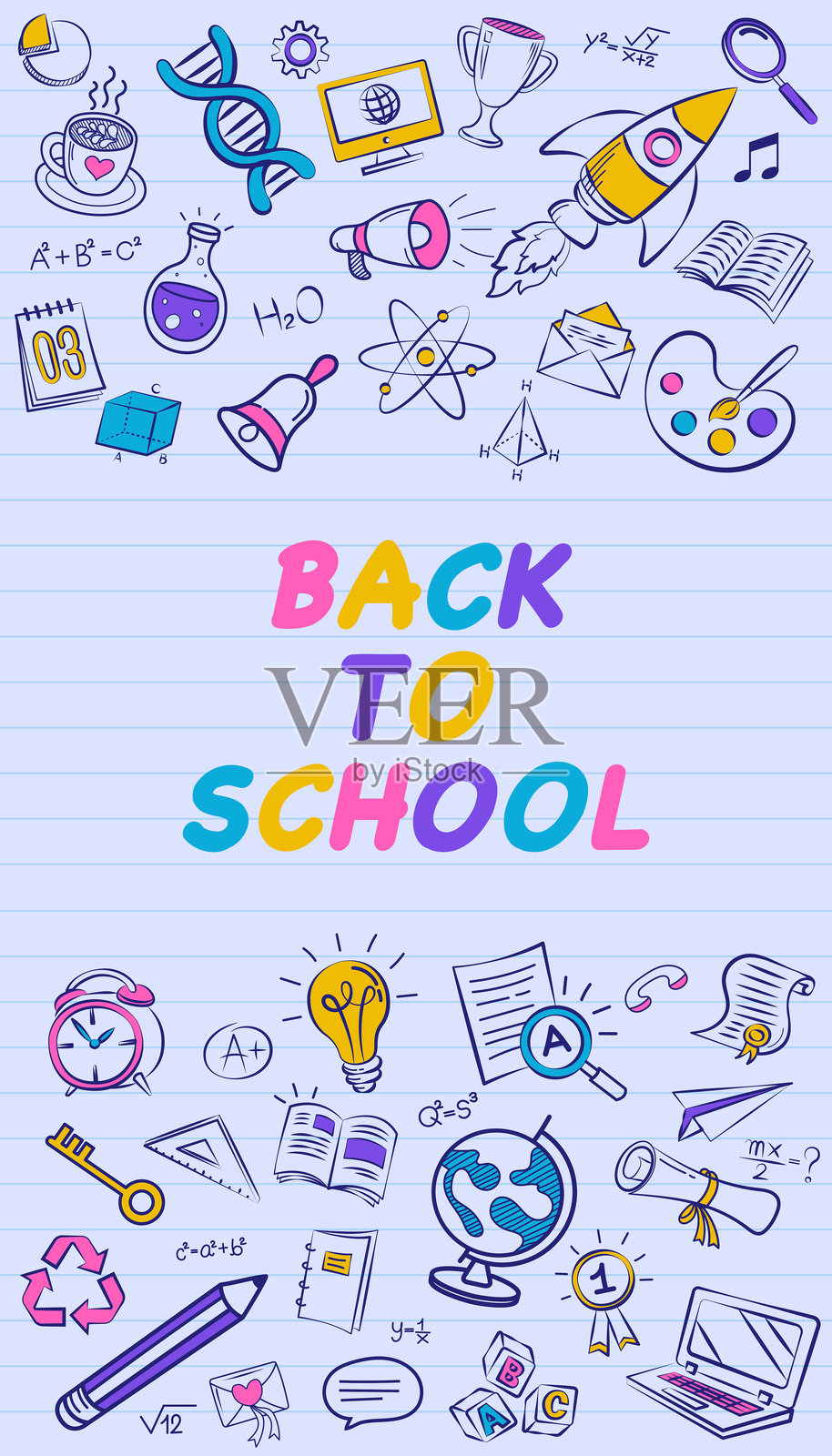 返校季垂直横幅或社交媒体故事模板，背景为笔记本纸，上面有有趣多彩的教育涂鸦。插画图片素材