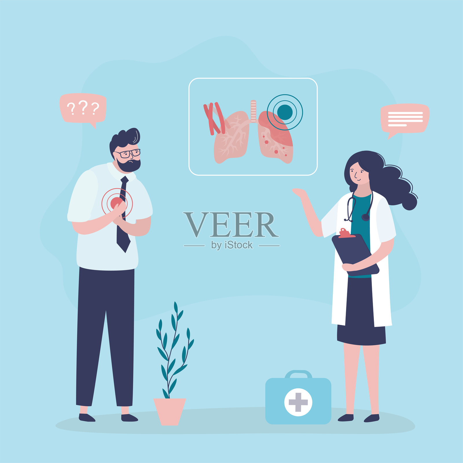 生病的男人与肺病医生谈论结核病症状。发热、寒战、食欲减退、胸痛、咳血。肺部疾病。医疗保健概念插画图片素材