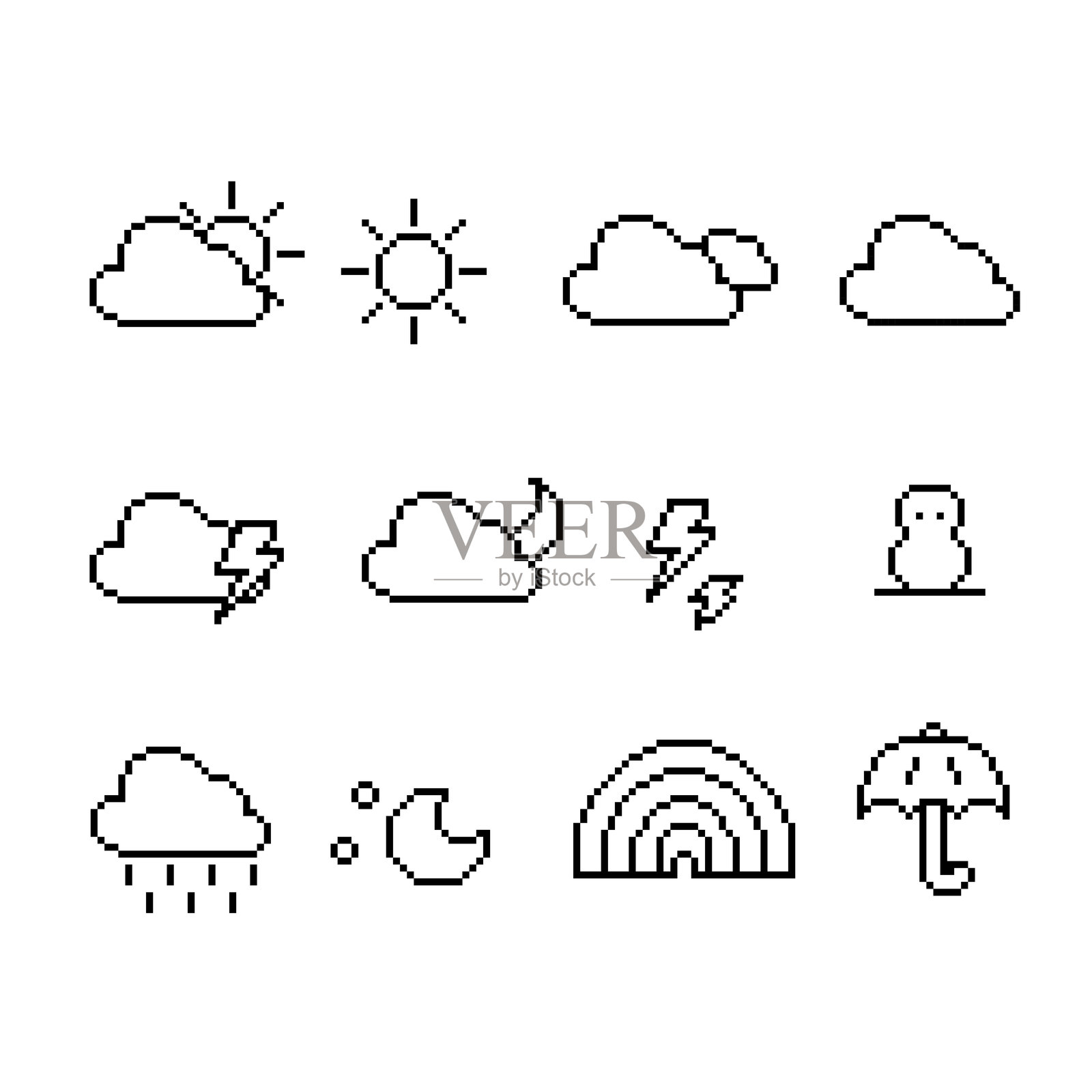 天气图标矢量集。8位像素风格插画图片素材