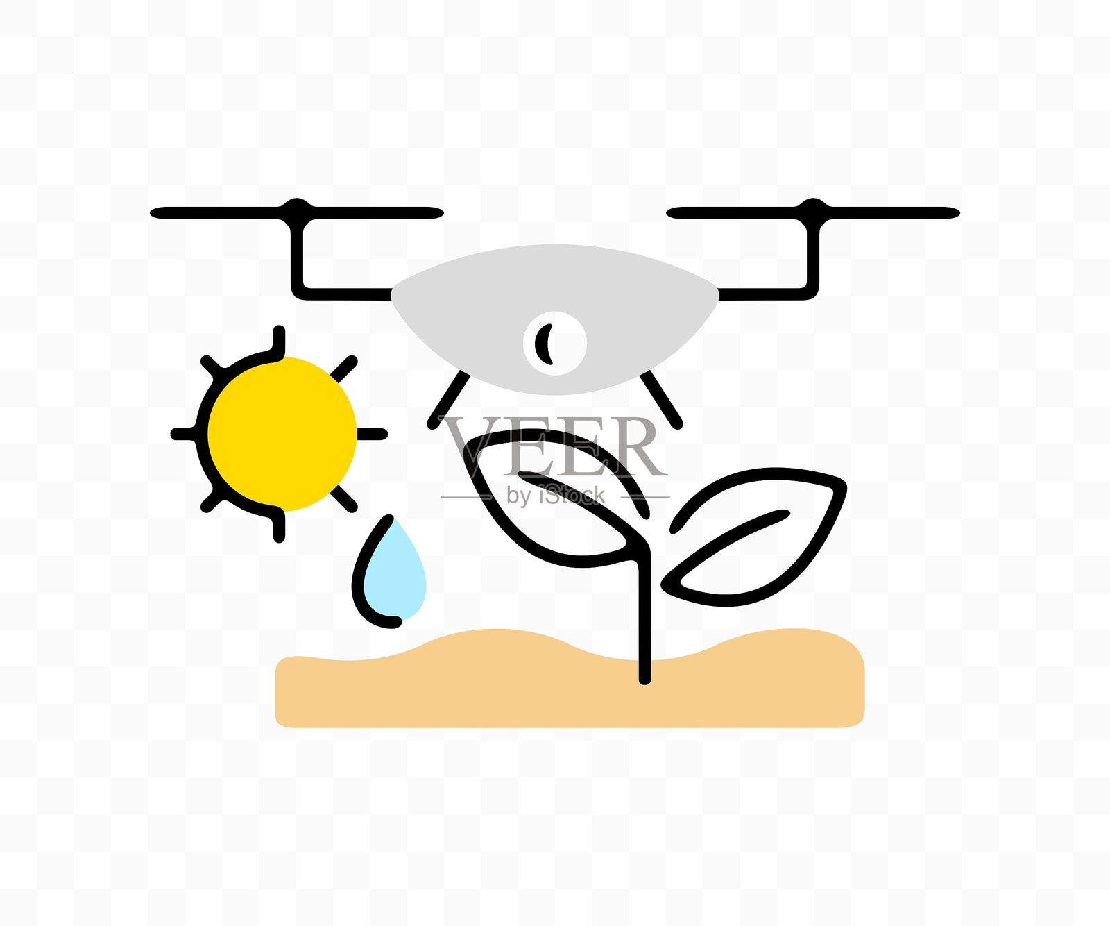 幼苗从土壤中生长出来，配有无人机，图形设计。植物、幼苗、气候和四旋翼飞行器，矢量设计与插图。插画图片素材