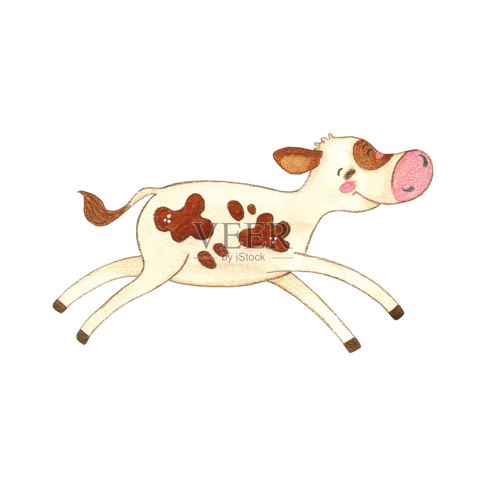 快乐跳跃的白色小牛，带有红色斑点。水彩插图手绘，卡通风格。适用于贴纸、印刷、明信片、儿童书籍。牛、小牛、角色插画图片素材