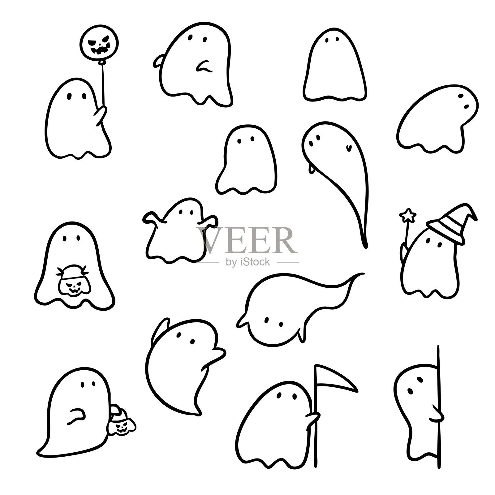 可爱的鬼魂涂鸦手绘图集，万圣节矢量图插画图片素材
