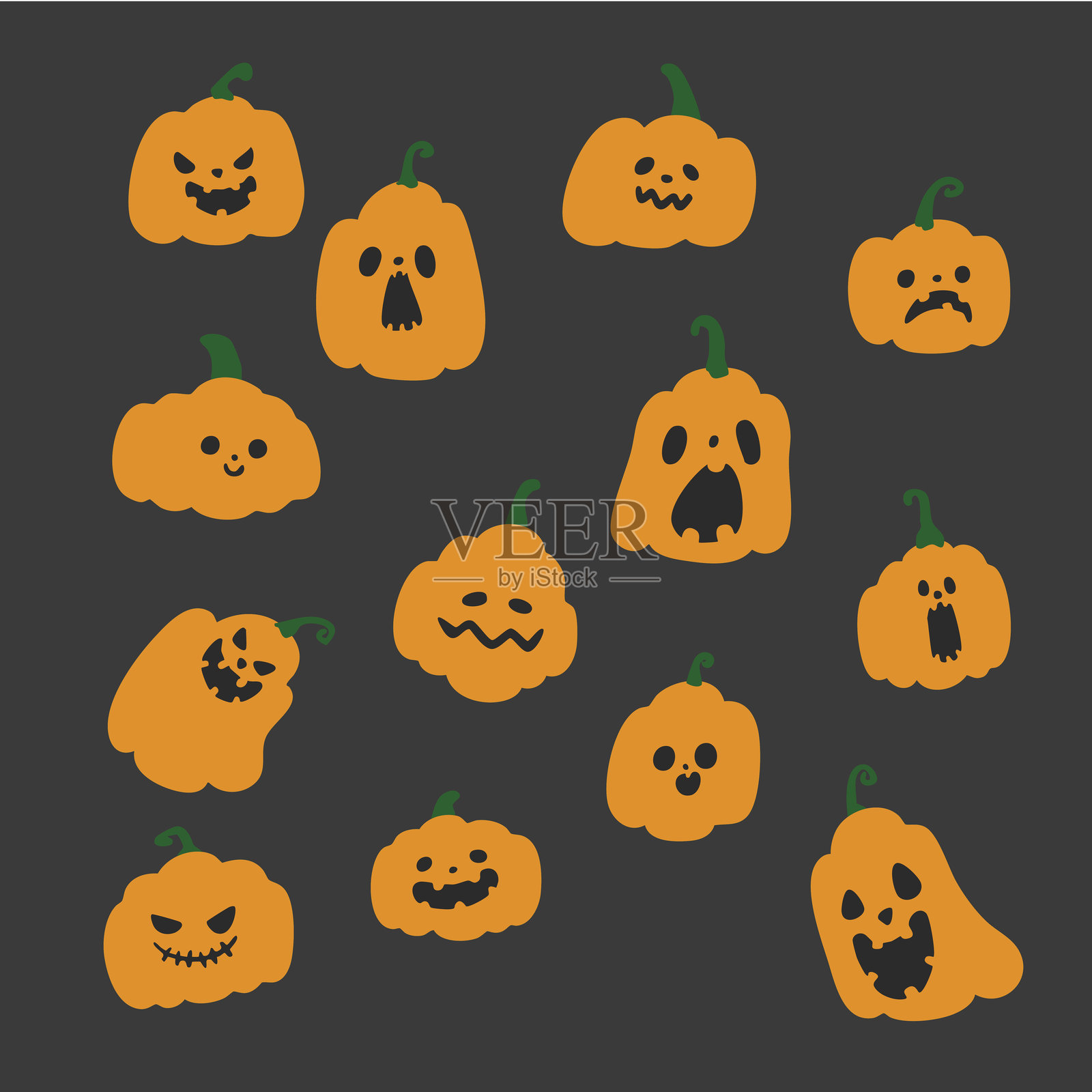 手绘南瓜涂鸦图标集，适用于万圣节插画图片素材