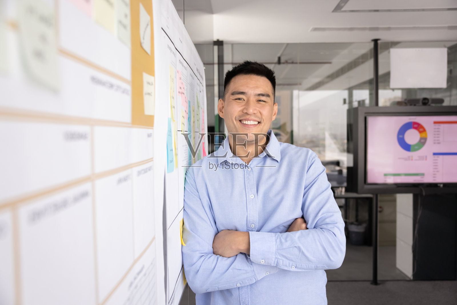 快乐帅气的年轻亚洲商人在白板前站着照片摄影图片