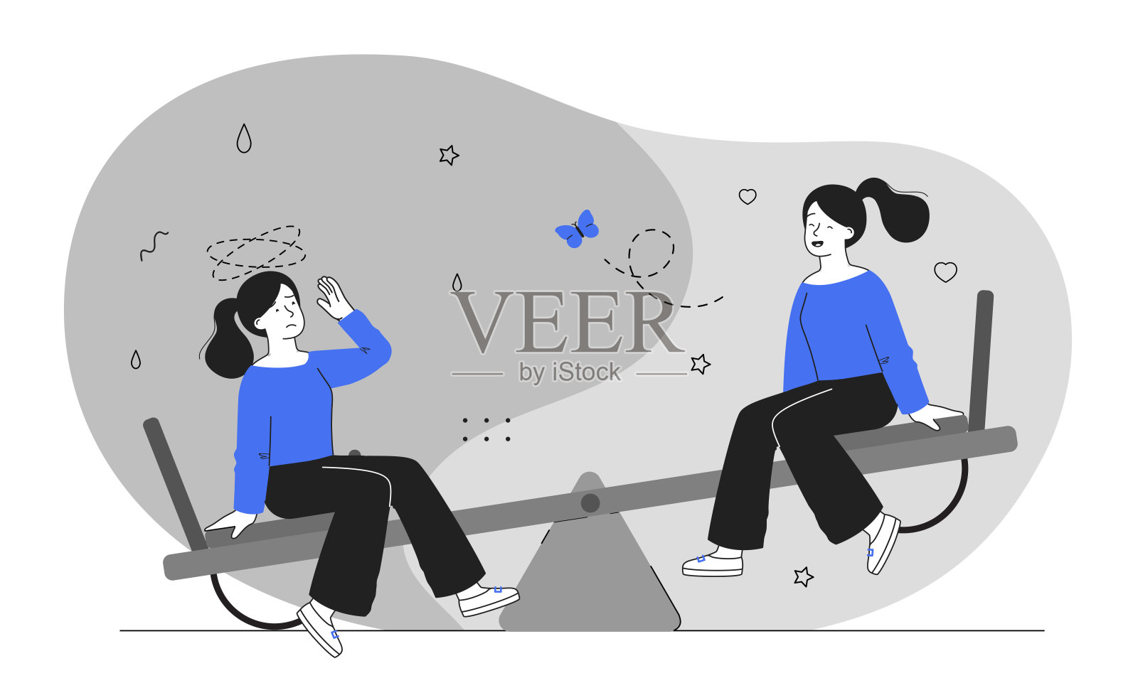 两位女性在秋千上，情绪对比。矢量插图插画图片素材