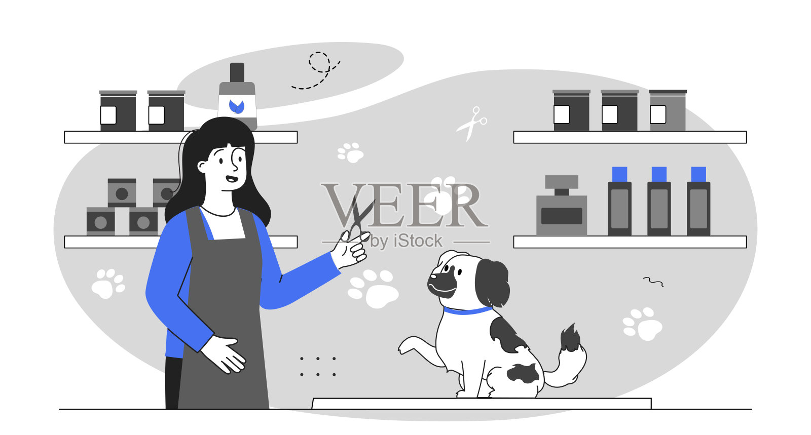 宠物护理沙龙场景中的狗狗美容。矢量插图插画图片素材