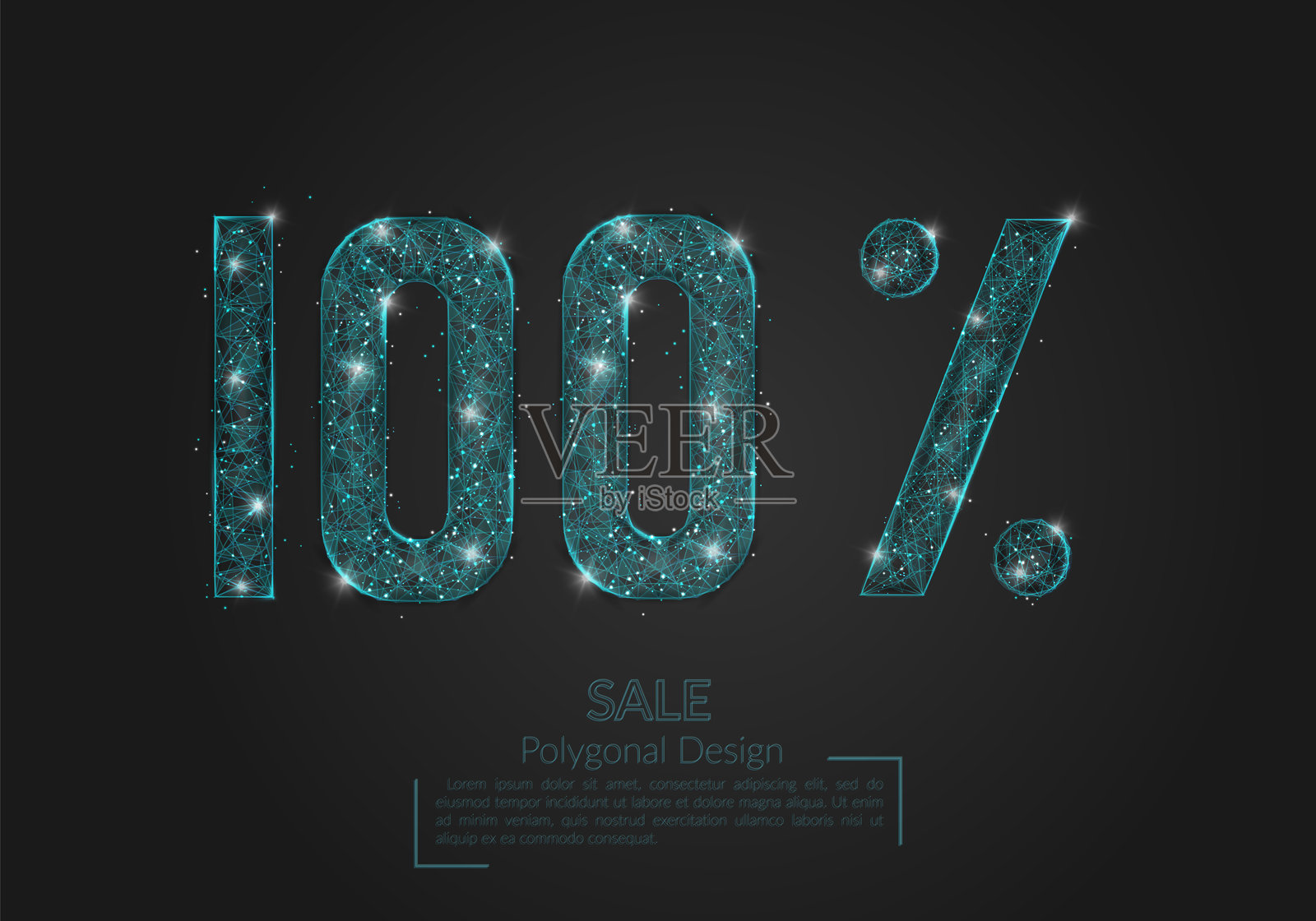抽象的蓝色100%促销概念。多边形插图看起来像黑夜天空中的星星或飞舞的玻璃碎片。适用于网站、网络和互联网的数字设计。插画图片素材
