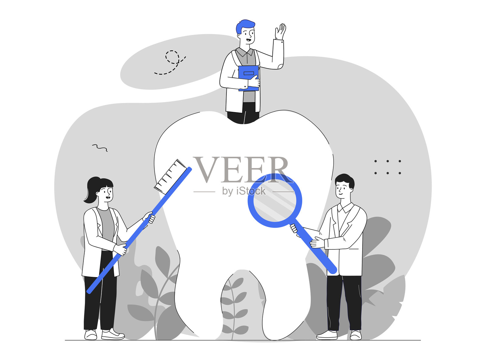 牙医检查巨型牙齿概念。矢量插图插画图片素材