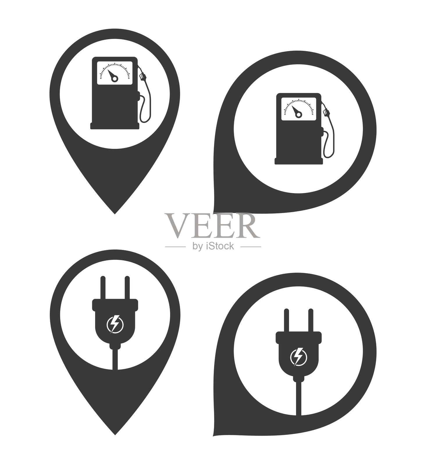 带有电插头和加油站图标的地图标记针图标集插画图片素材