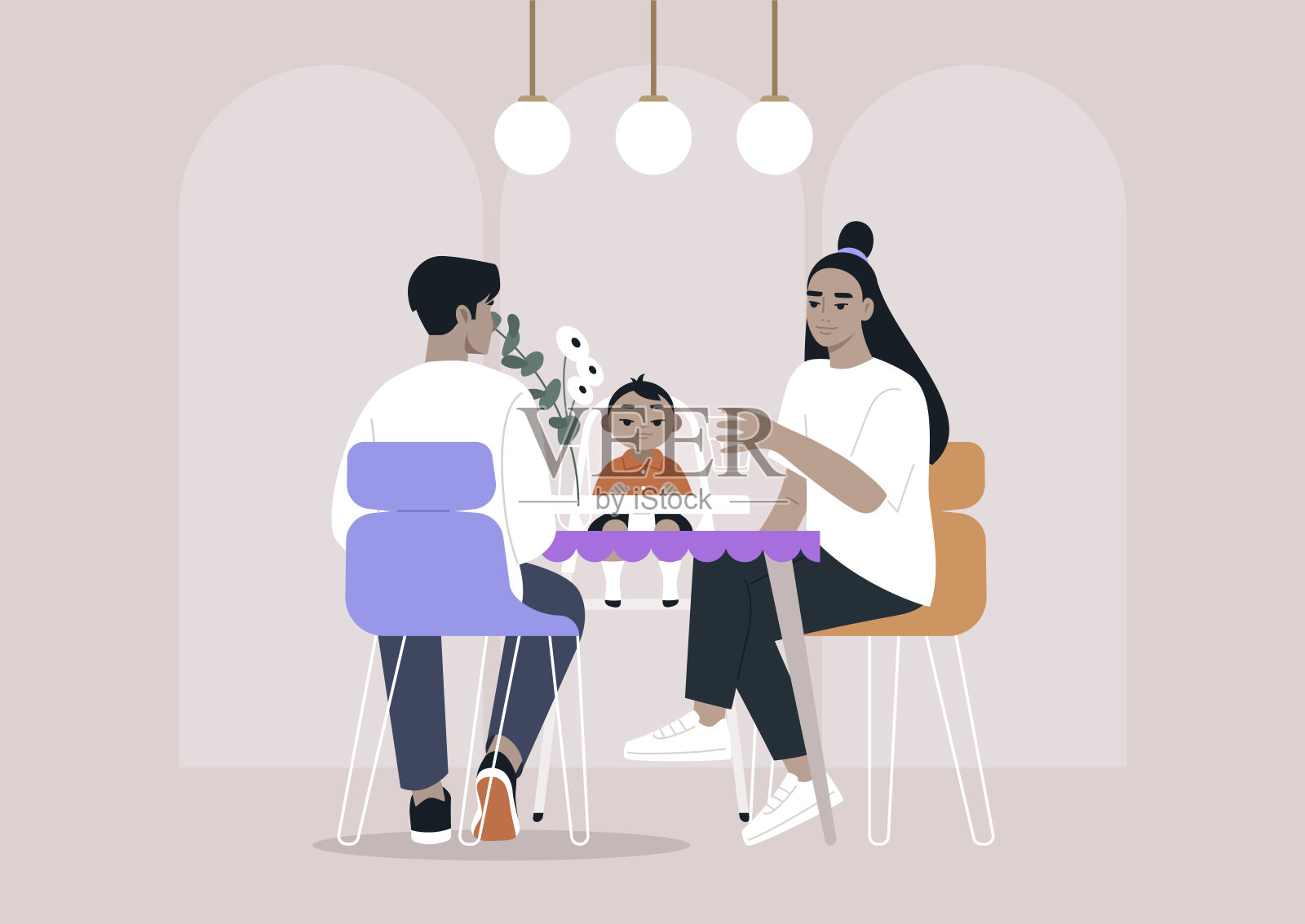 食客们在餐桌上分享特别的时刻，周围充满温馨的氛围，一个孩子快乐地参与其中，为用餐体验带来笑容。插画图片素材