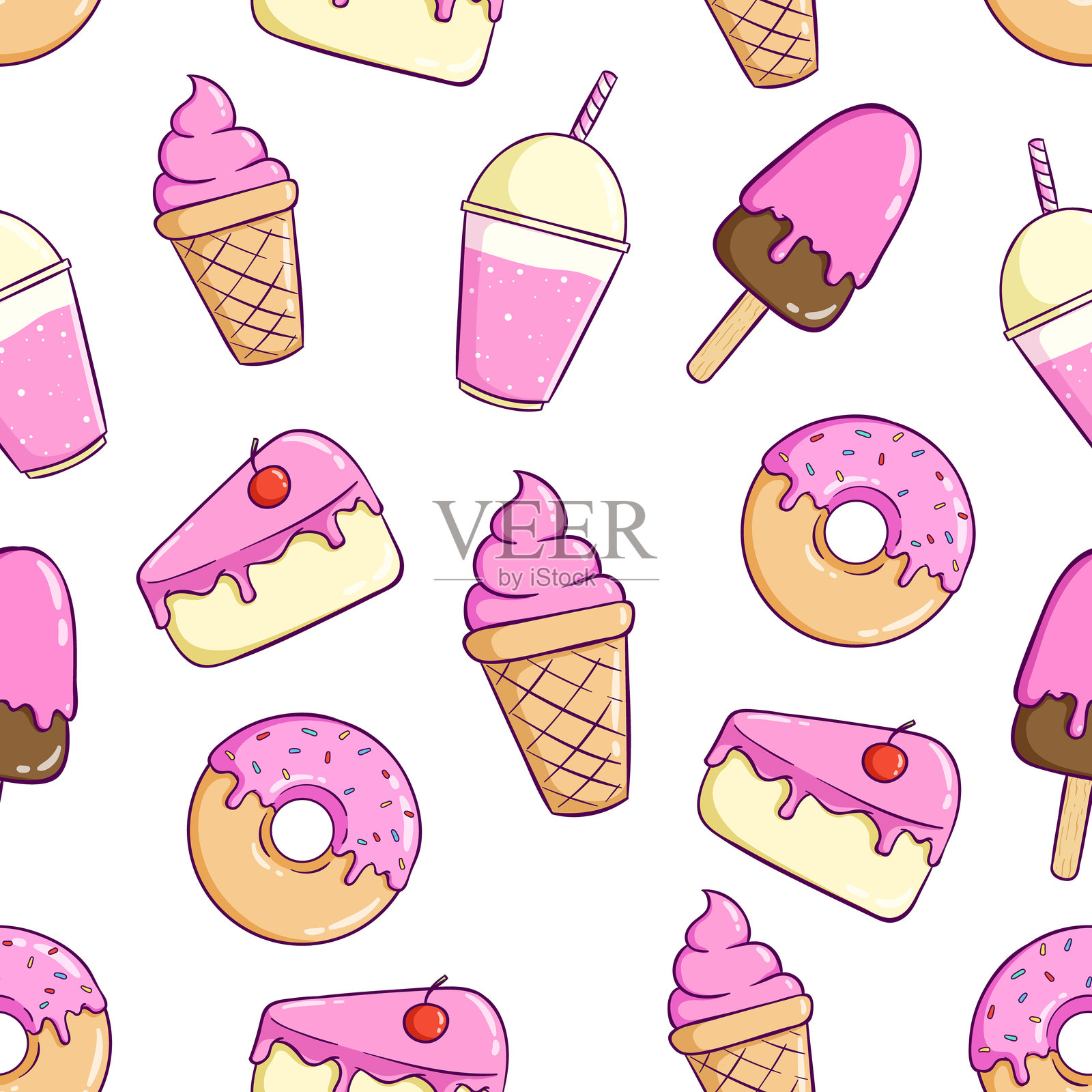 蛋糕、冰淇淋和甜甜圈的无缝图案插画图片素材