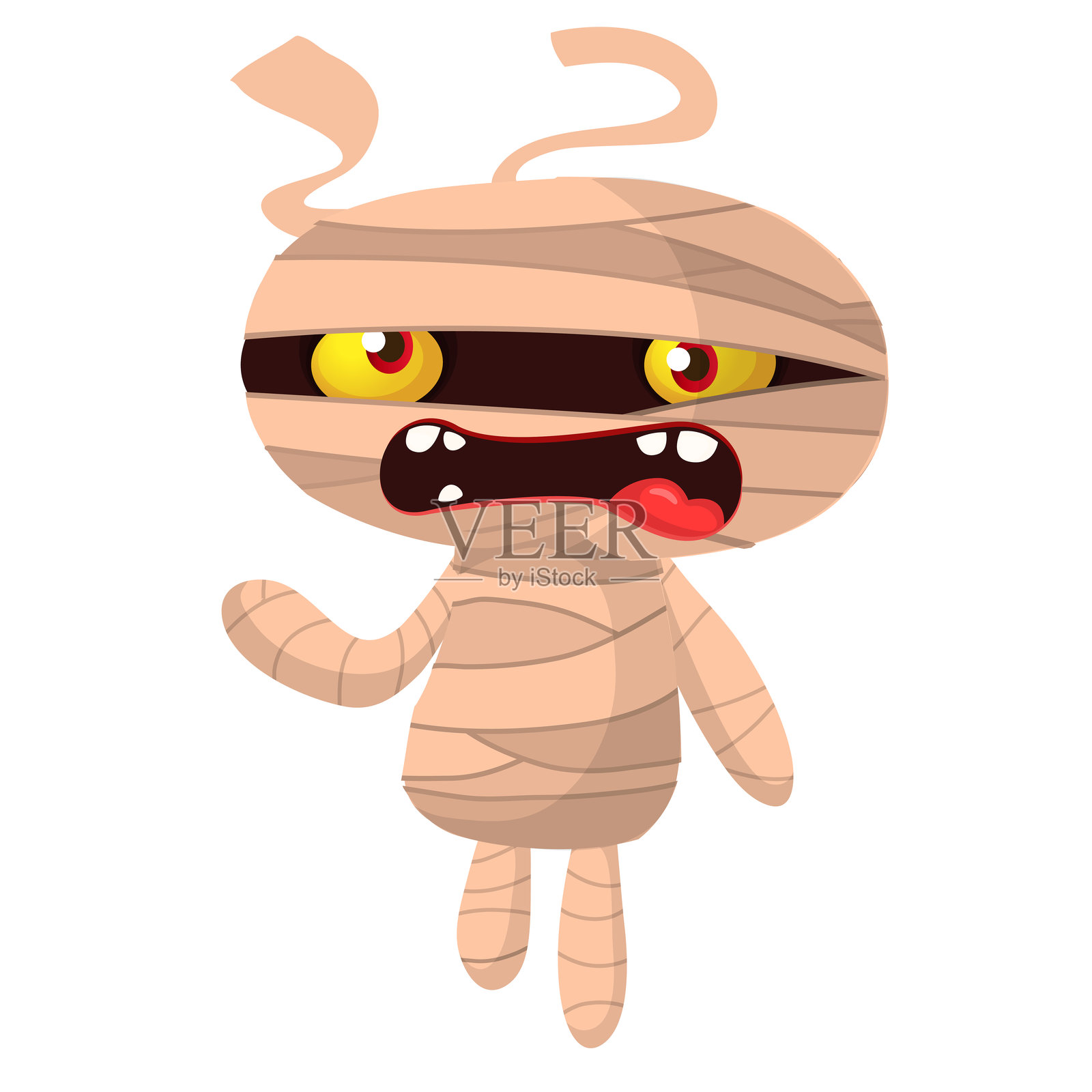 卡通搞笑的行走木乃伊角色设计。万圣节主题装饰的矢量插图，怪物用亚麻布条包裹，独立展示。插画图片素材