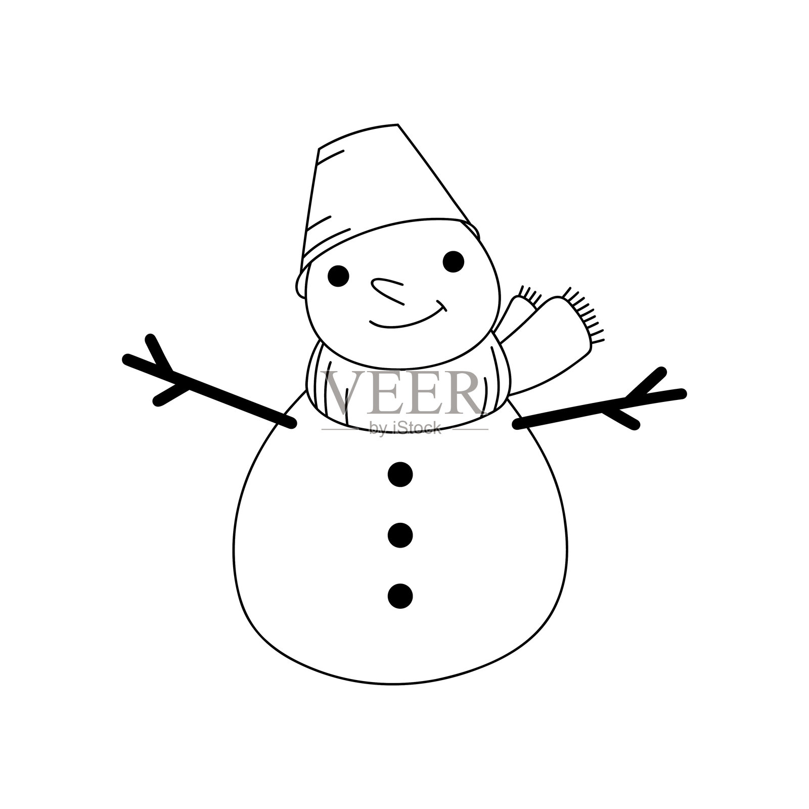 快乐的雪人，轮廓画，白色背景，手绘。冬季和圣诞节的雪的象征。插画图片素材