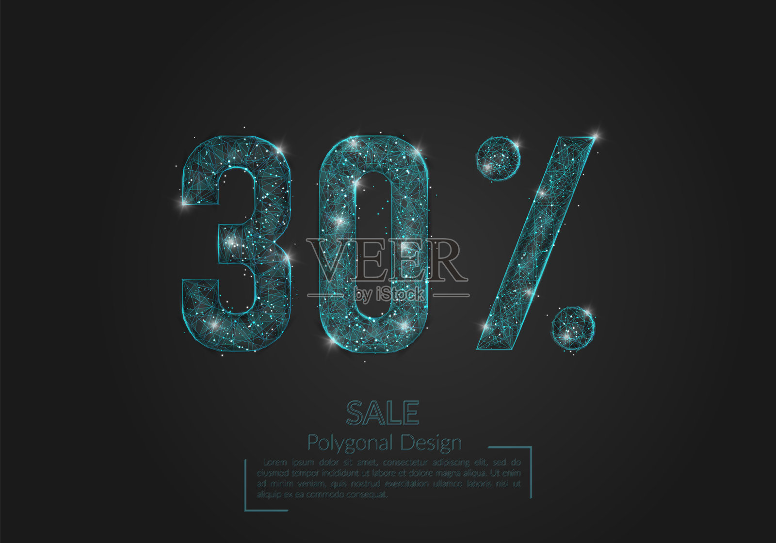 抽象的蓝色30%折扣概念，孤立的多边形插图看起来像黑夜星空中的星星或飞舞的玻璃碎片。适用于网站、网络和互联网的数字设计。插画图片素材