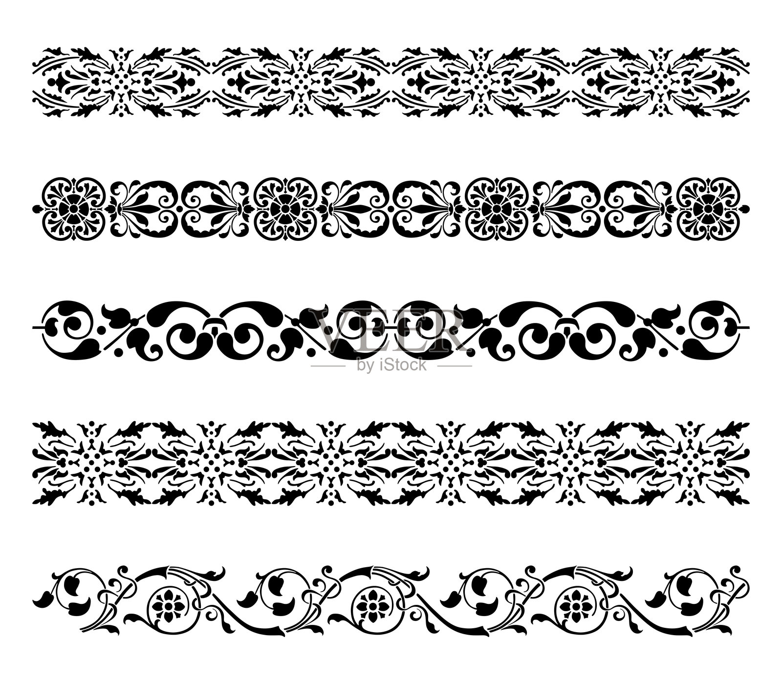 装饰边框套装，复古，花卉，剪影，对称，矢量插图，白色背景插画图片素材