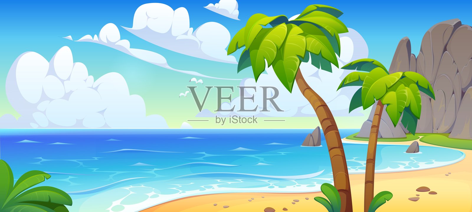 热带岛屿海湾和沙滩风景，椰子树环绕插画图片素材