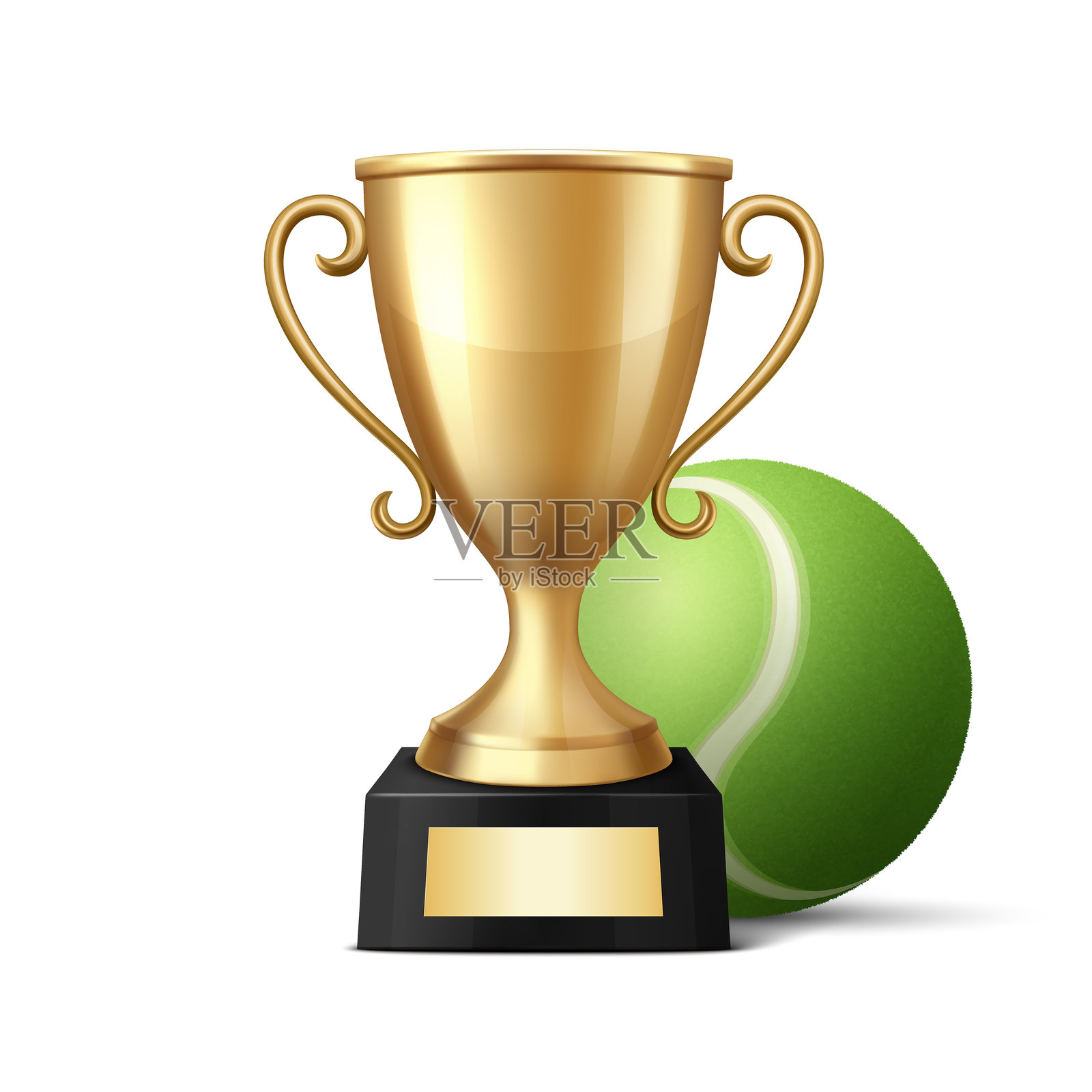 3D真实感金色奖杯与网球。网球比赛的体育奖项插图，比赛胜利，冠军奖品，体育活动设计，竞赛奖励，获胜者概念。插画图片素材