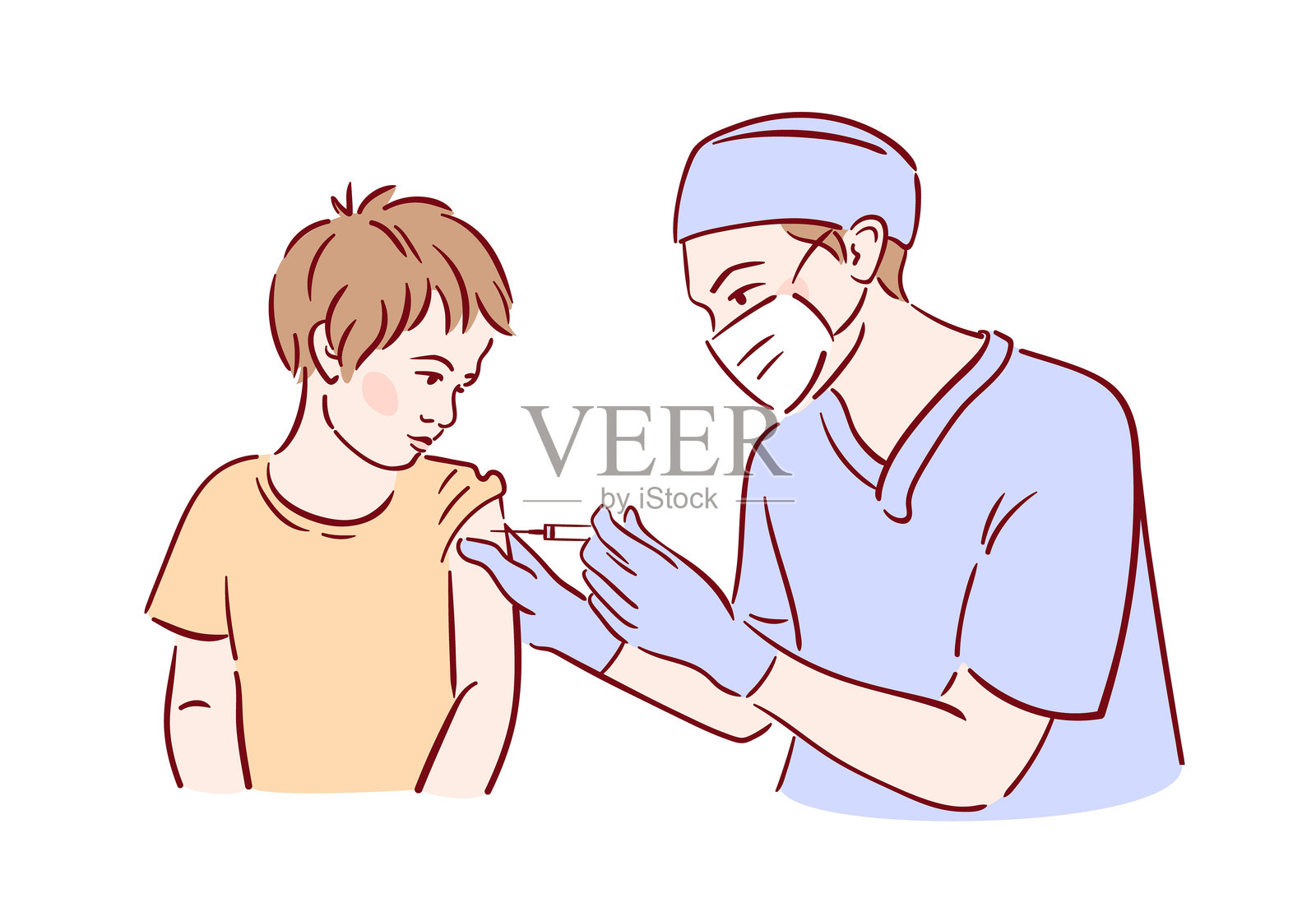 一位医生以素描风格温柔地为一个小男孩接种疫苗。孩子看起来平静而好奇，明亮的色彩突显了诊所温暖友好的氛围。插画图片素材