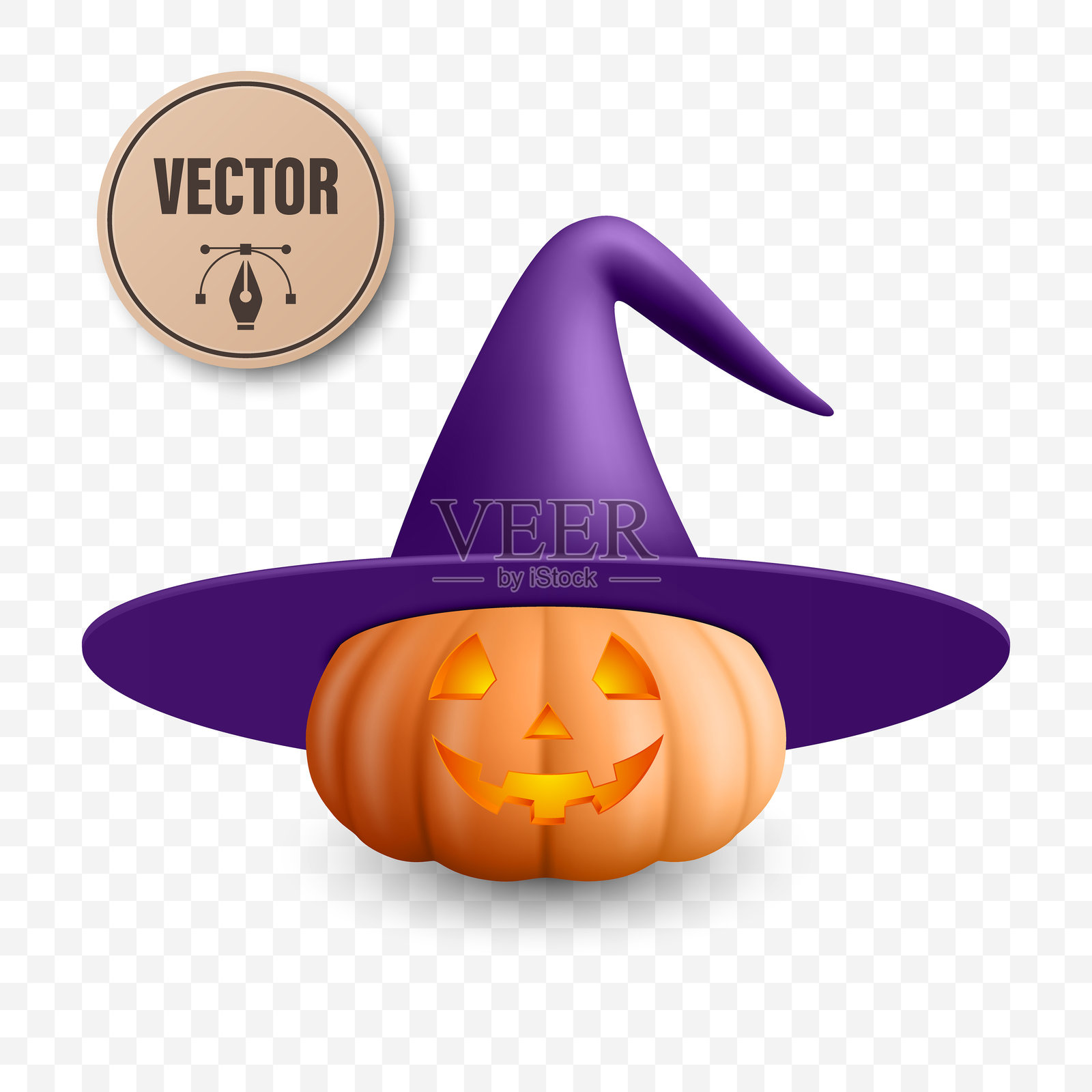 万圣节南瓜矢量图，戴着女巫帽。发光的杰克南瓜，带有恐怖的微笑和女巫帽，适合万圣节派对装饰。万圣节数字剪贴画。插画图片素材