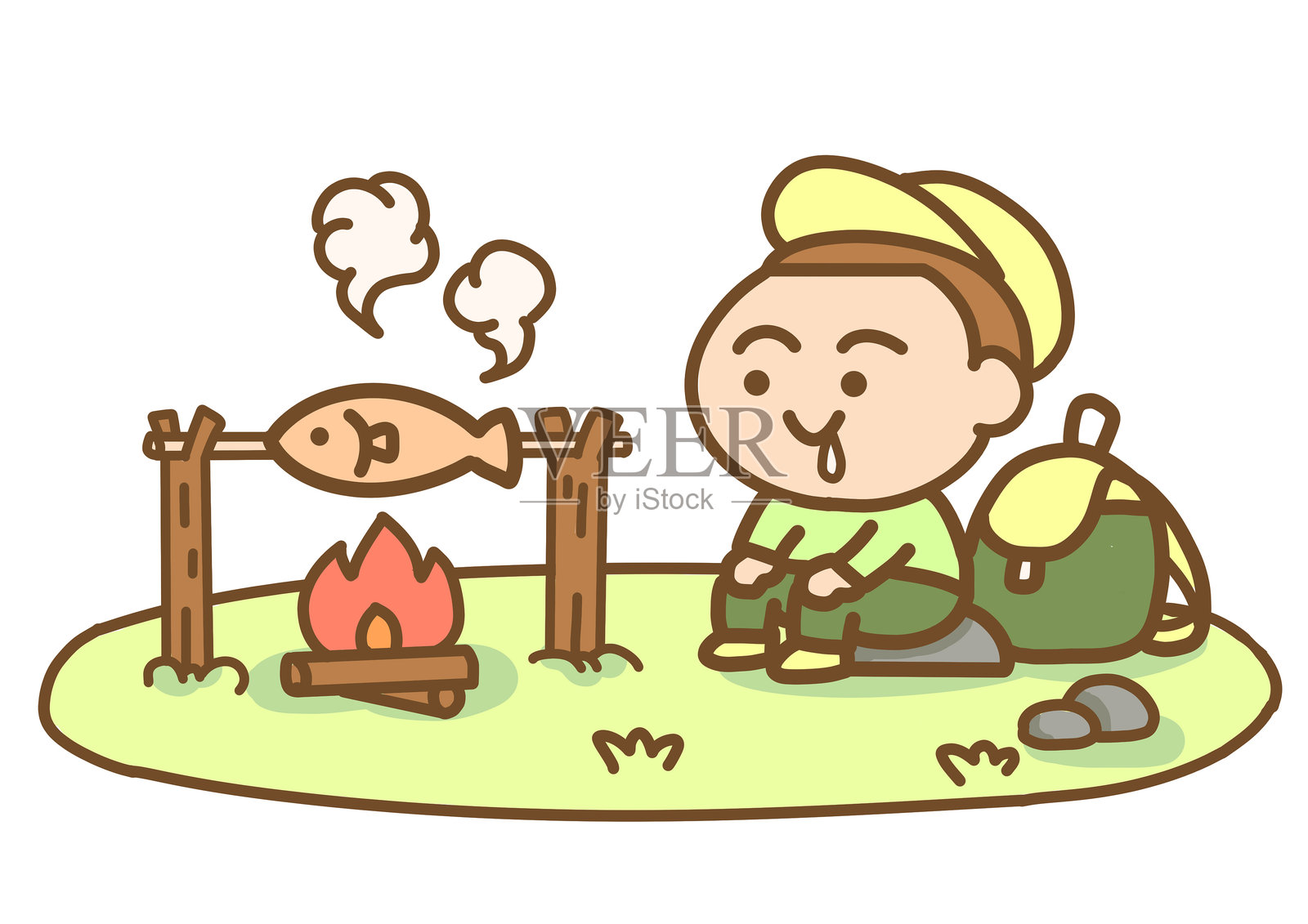 背包客在篝火旁烤鱼插画图片素材