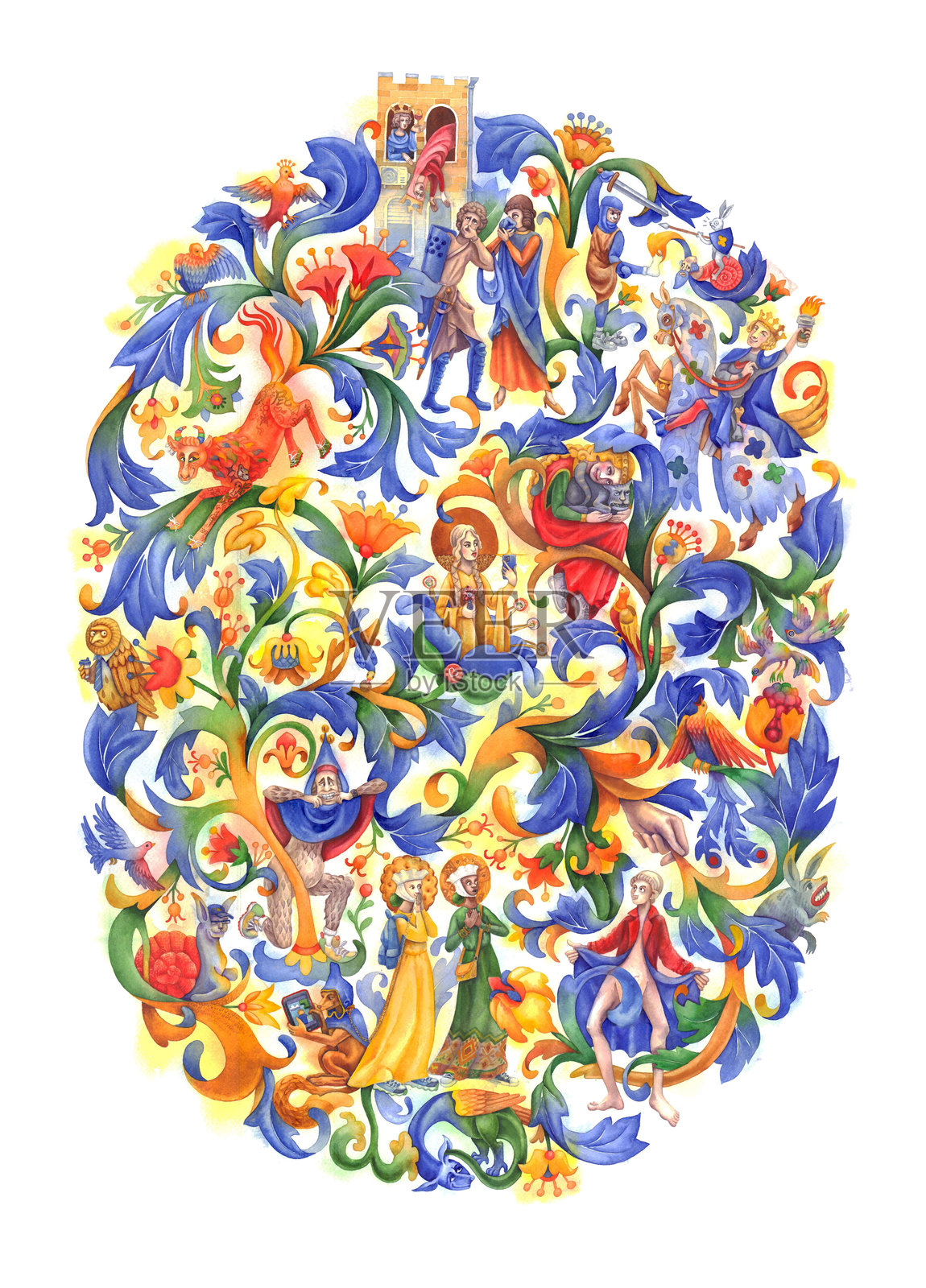 水彩现代场景，人物，动物，风格化的中世纪植物装饰，象征性，幽默感插画图片素材