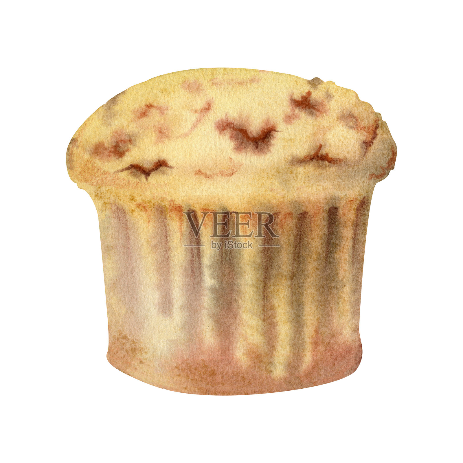 水彩手绘杯子蛋糕，甜美的家常松饼，蓬松的海绵蛋糕饼干，精致的小点心甜品底。适用于剪贴簿、烹饪设计和可打印的食谱卡片的插图。插画图片素材