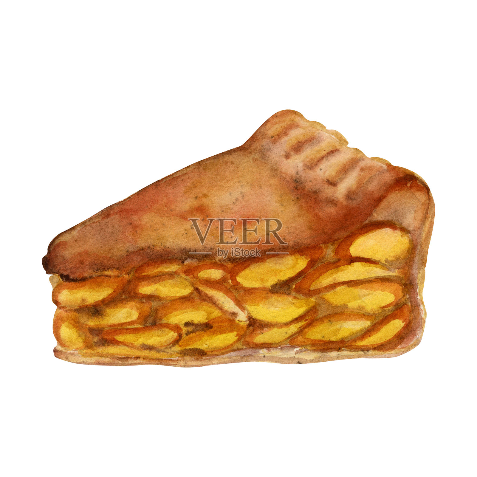 手绘苹果派切片、水果挞切块、桃子卷烘焙糕点部分。水彩孤立插图。食谱卡片、美食节图形、自制甜点打印材料、包装纸。插画图片素材