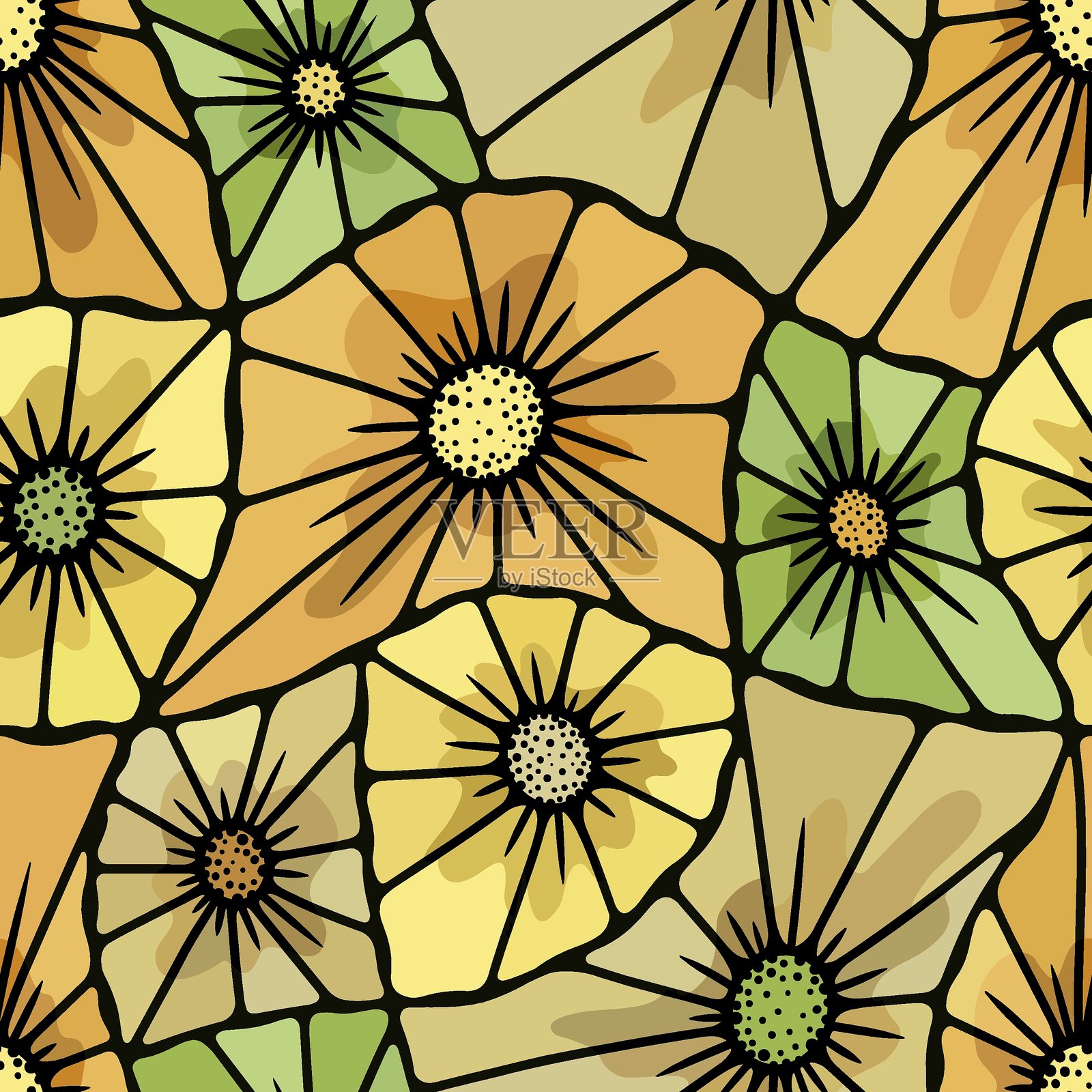 装饰性矢量无缝图案，内部有明亮的抽象花朵，灵感来自于黄色、绿色和赭色的彩色玻璃的不规则网格。插画图片素材