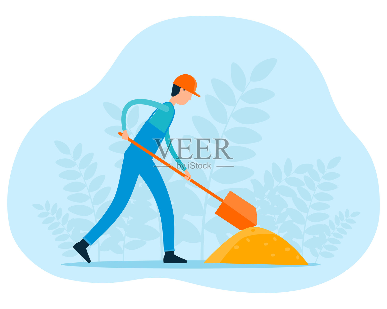 平面插图卡通建筑工人在工作。工人正在铲土。插画图片素材