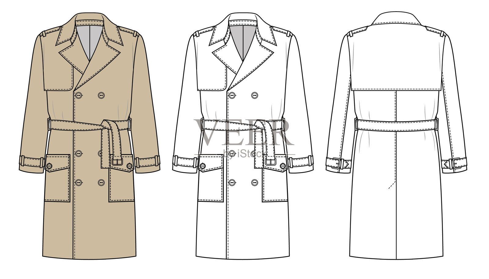 一套带腰带的米色和白色男士风衣插画图片素材