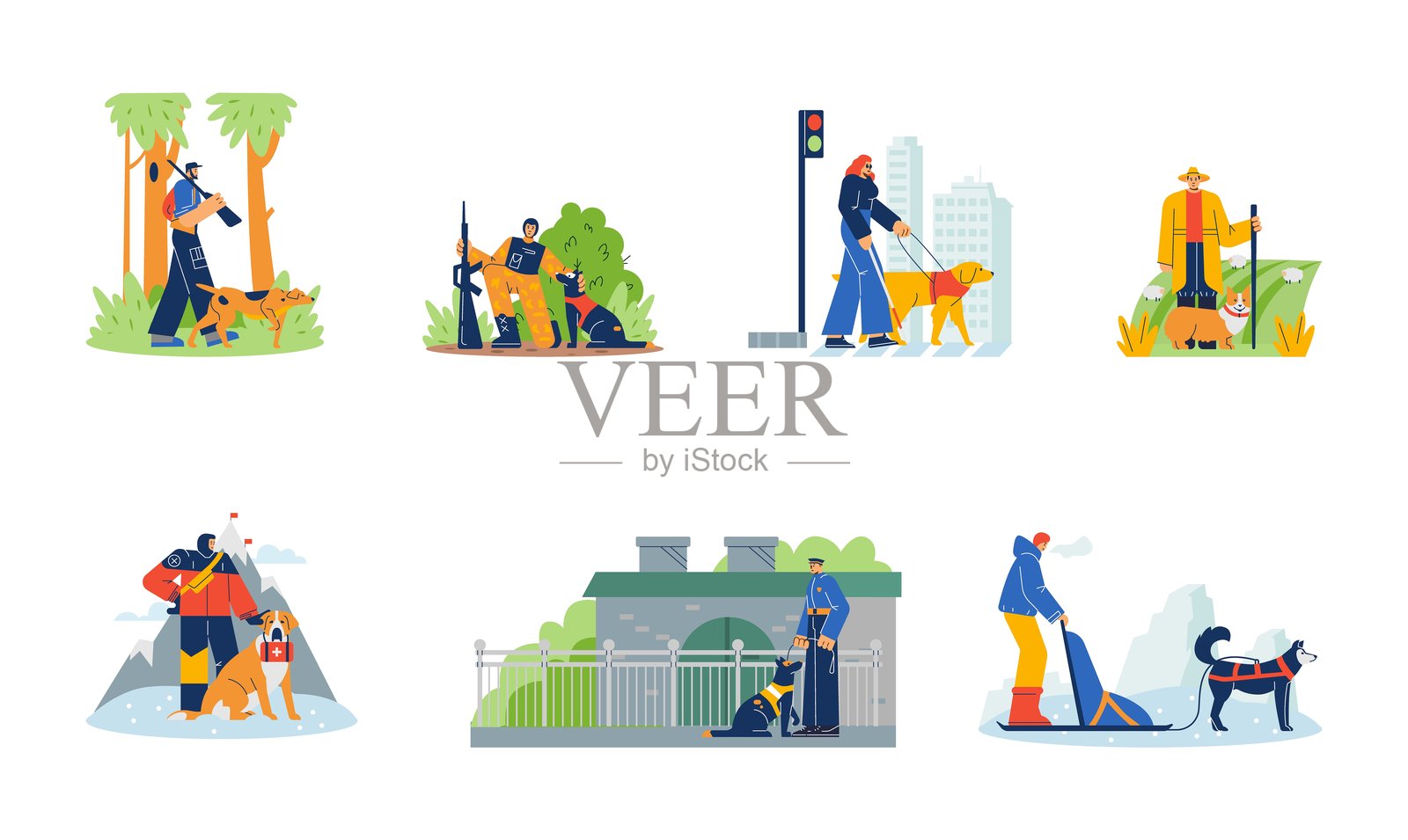 各种助理犬与人们在不同场景中的平面风格插图插画图片素材