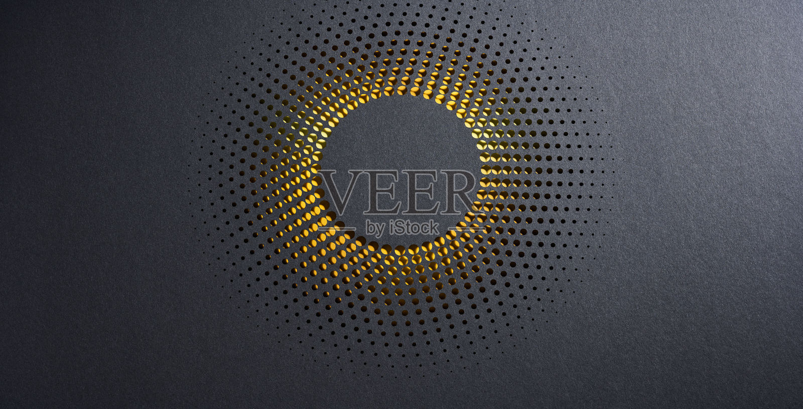 现代圆形剪纸艺术作品，黑色背景上点缀金色半色调圆点照片摄影图片
