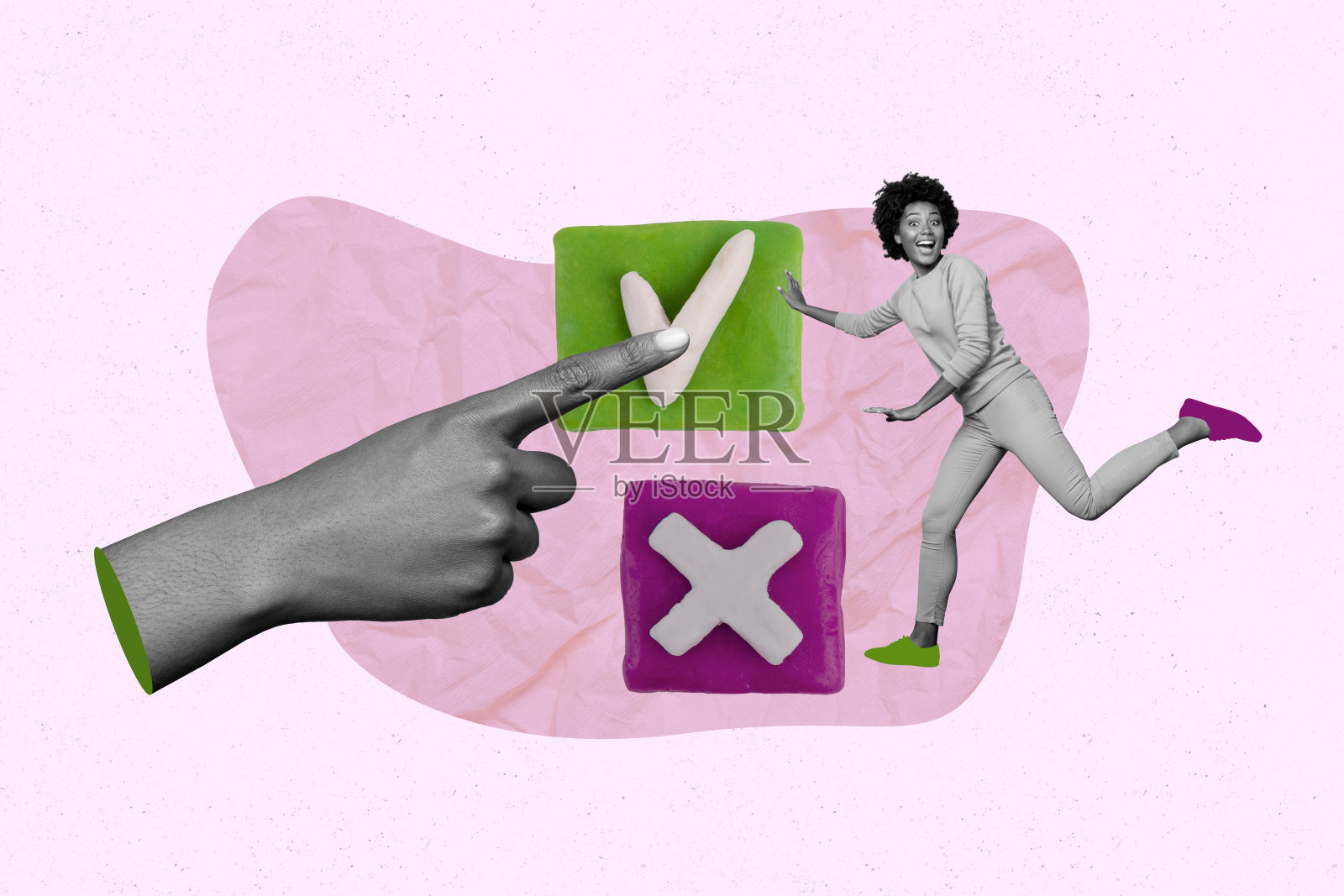 快乐的商人和商女人物的独特艺术横幅拼贴，展示了对比手势的勾选标记和禁止符号。照片摄影图片