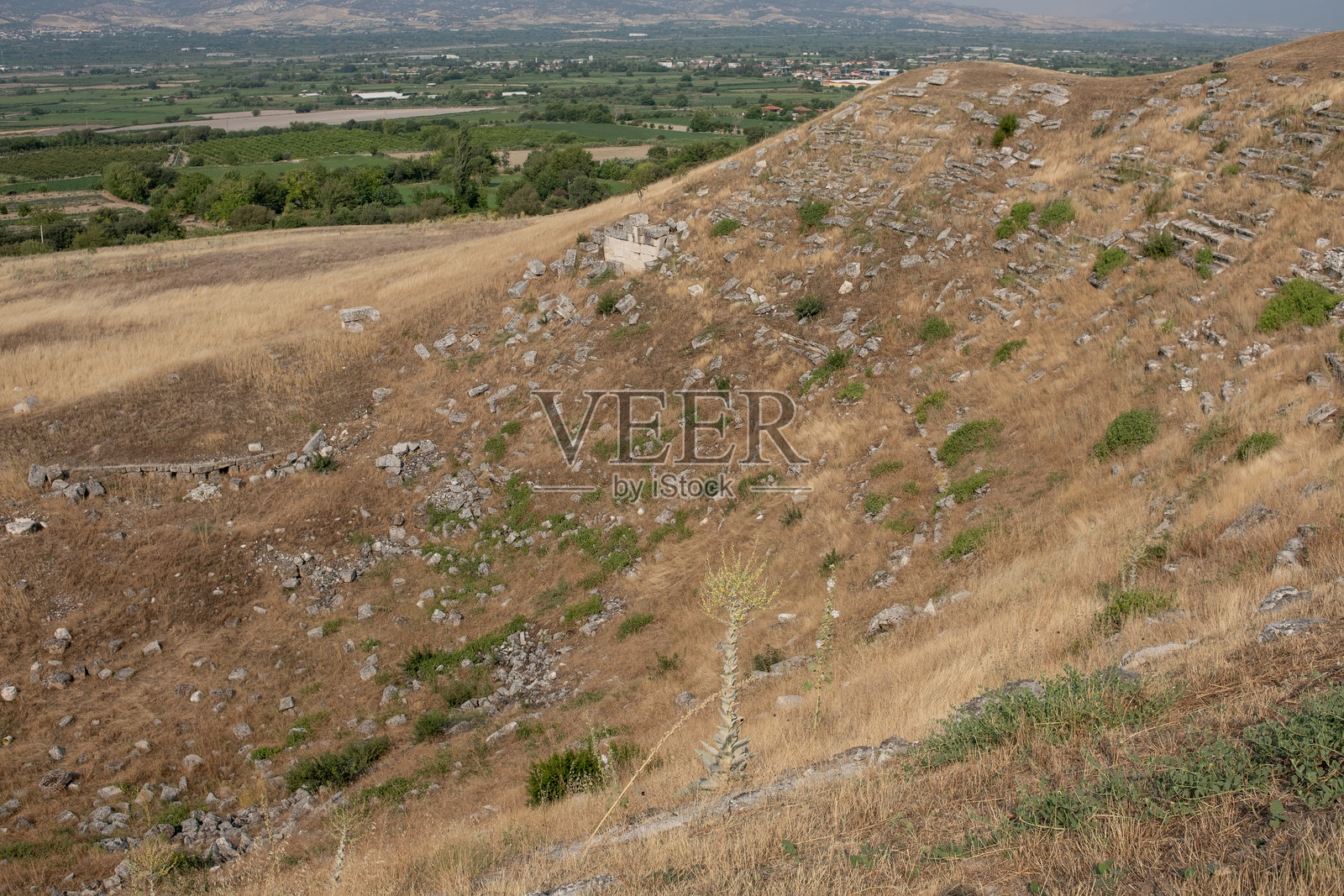 在晴朗的天空下探索古老劳迪基亚的遗迹与山丘和废墟照片摄影图片
