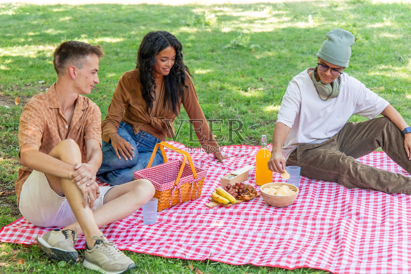 多种族的年轻朋友们在夏天的公园里享受野餐照片摄影图片
