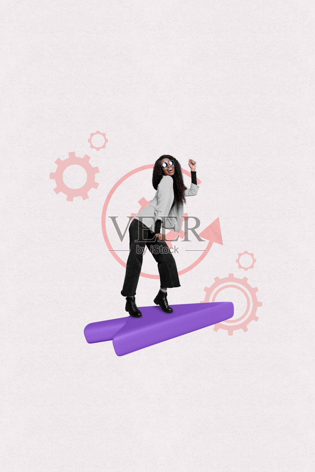 快乐的女商人和男商人获得晋升的艺术横幅，垂直照片拼贴，展示箭头、进步、统计和发展。照片摄影图片