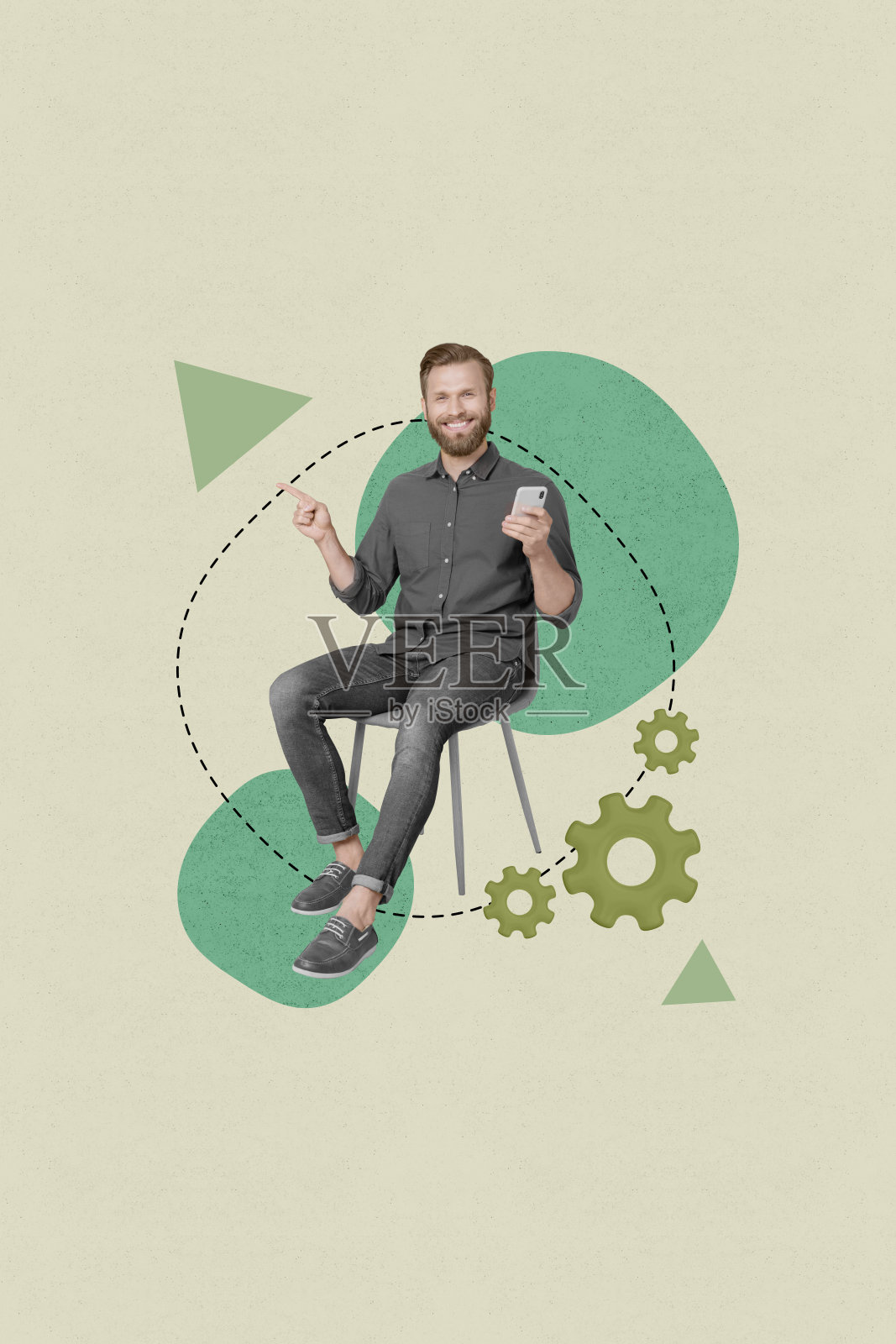 快乐的女商人与男商人接收齿轮发展统计进展的3D垂直照片拼贴草图横幅照片摄影图片