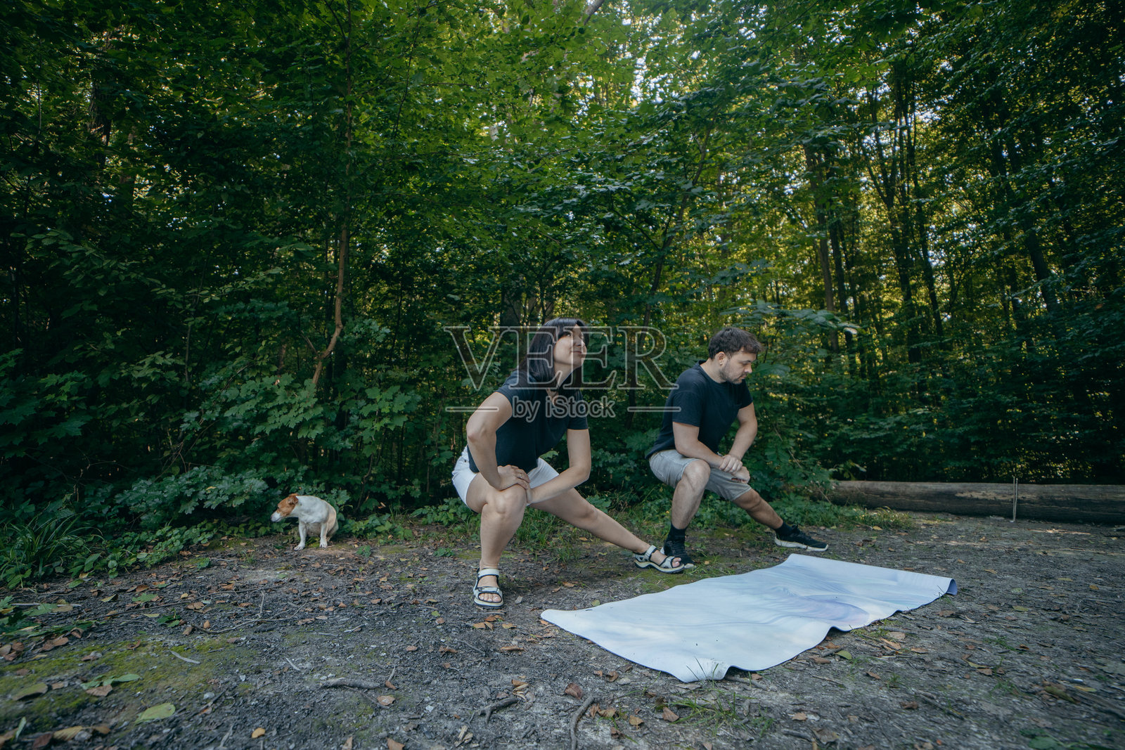 成年夫妇在夏季湖边的自然环境中放松。照片摄影图片