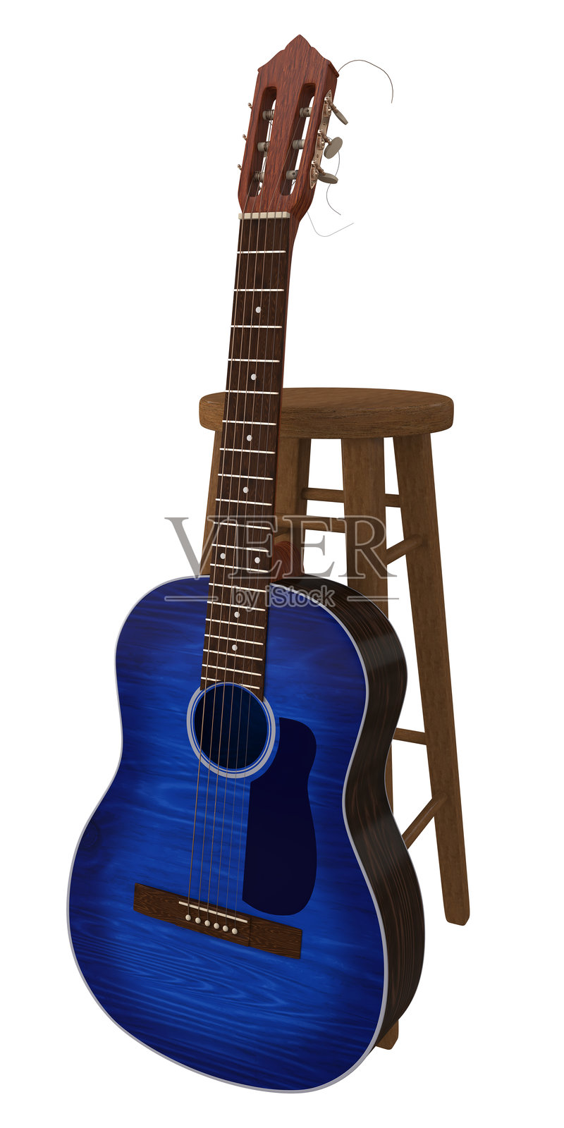 深蓝色古典吉他靠在木椅子上 3D 渲染图照片摄影图片