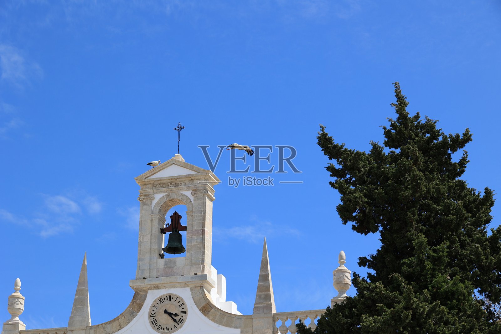 阿尔加维法鲁的阿尔科达维拉屋顶上的白鹳照片摄影图片